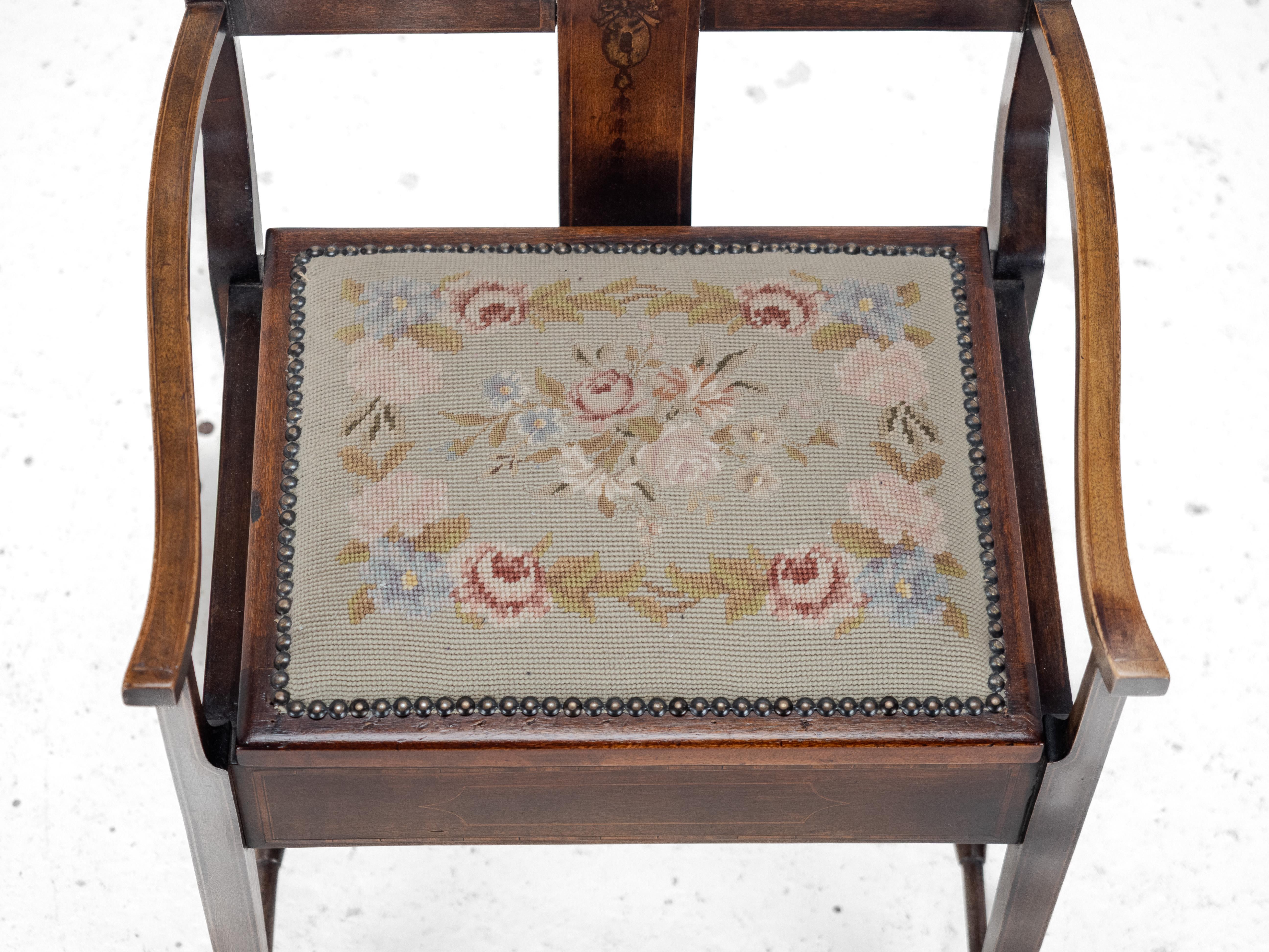 Mahogany Inlaid Tapestry Seat Piano / Music Storage Stool Edwardian For Sale 3