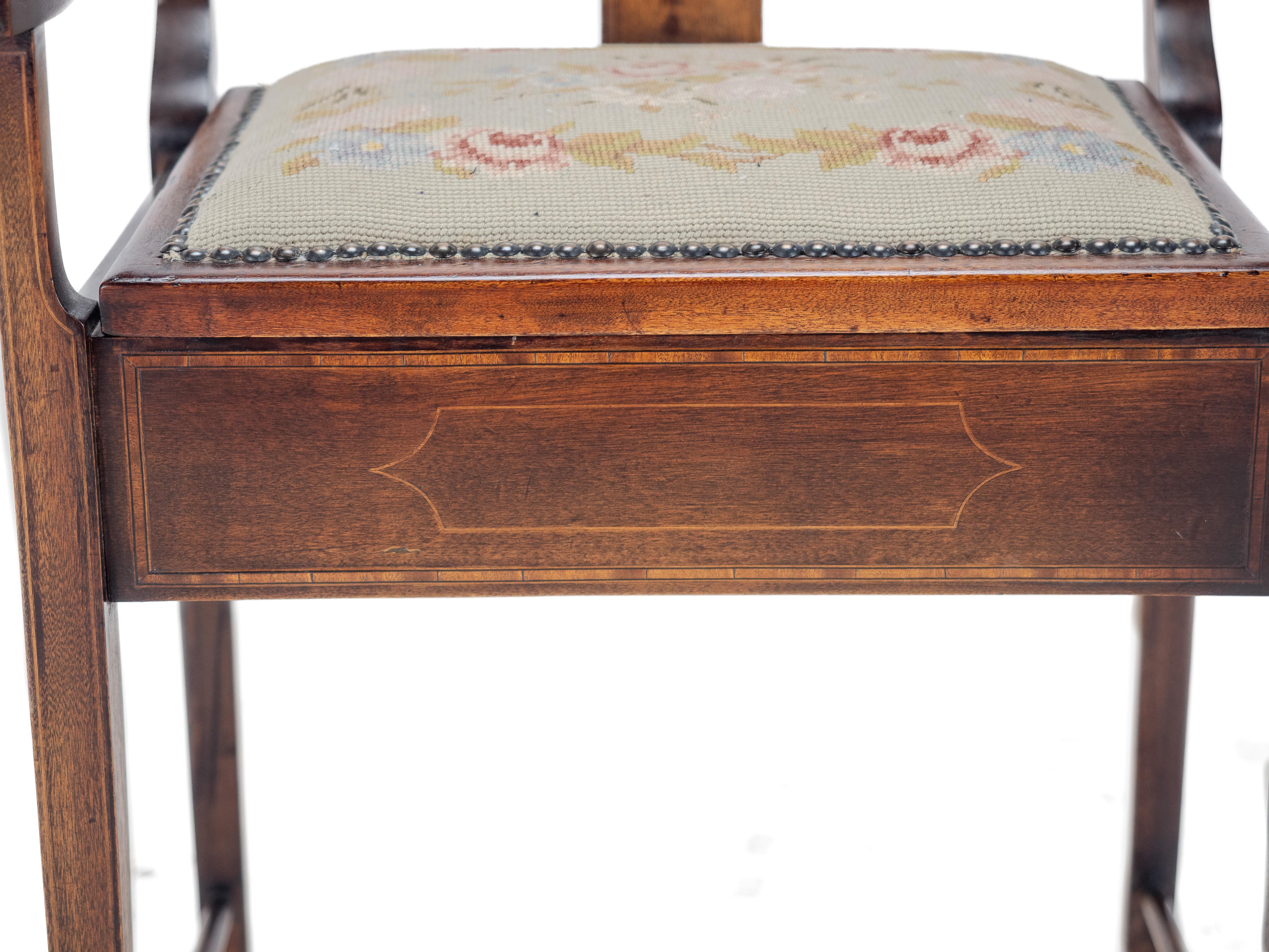 Mahogany Inlaid Tapestry Seat Piano / Music Storage Stool Edwardian For Sale 7