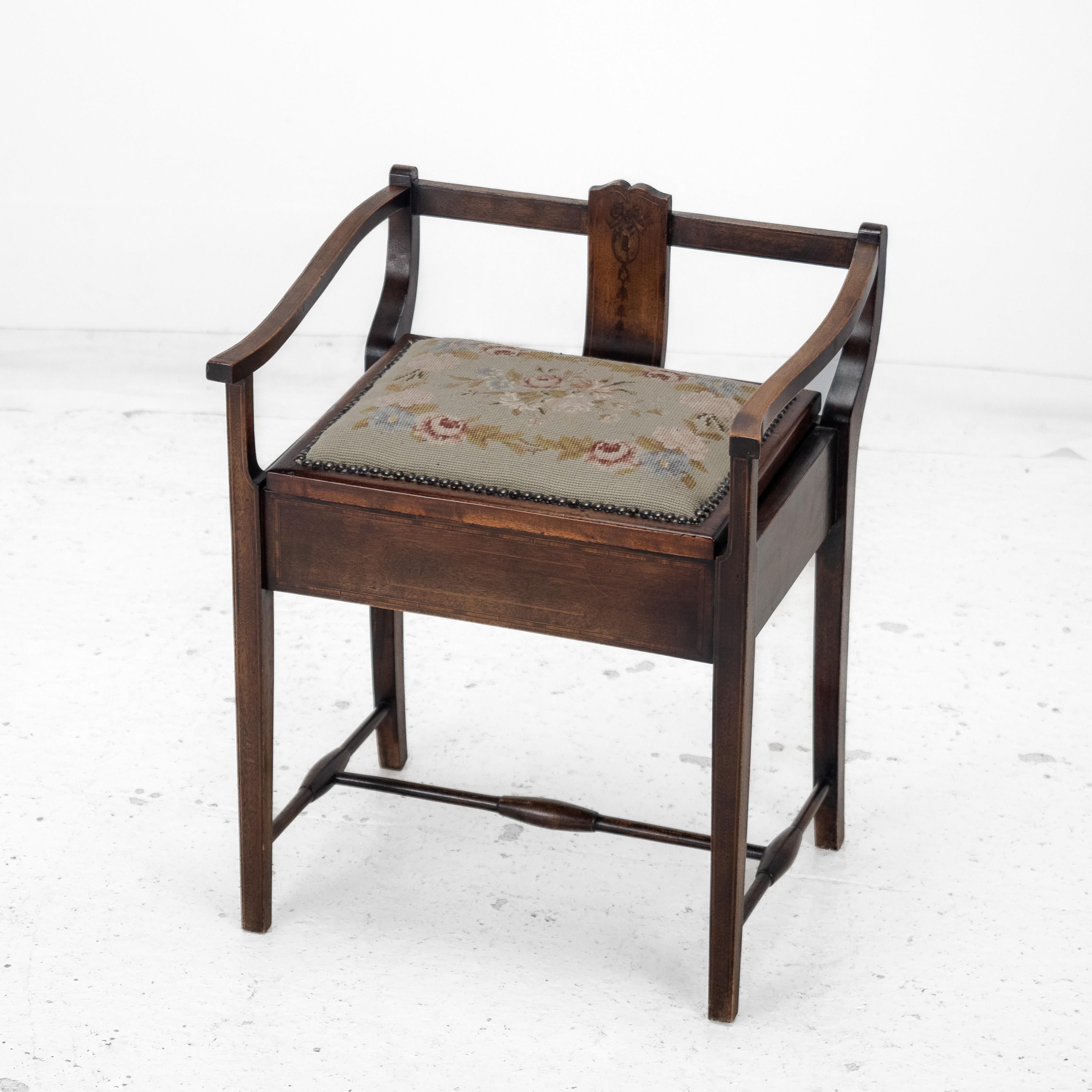 Mahogany Inlaid Tapestry Seat Piano / Music Storage Stool Edwardian For Sale 12