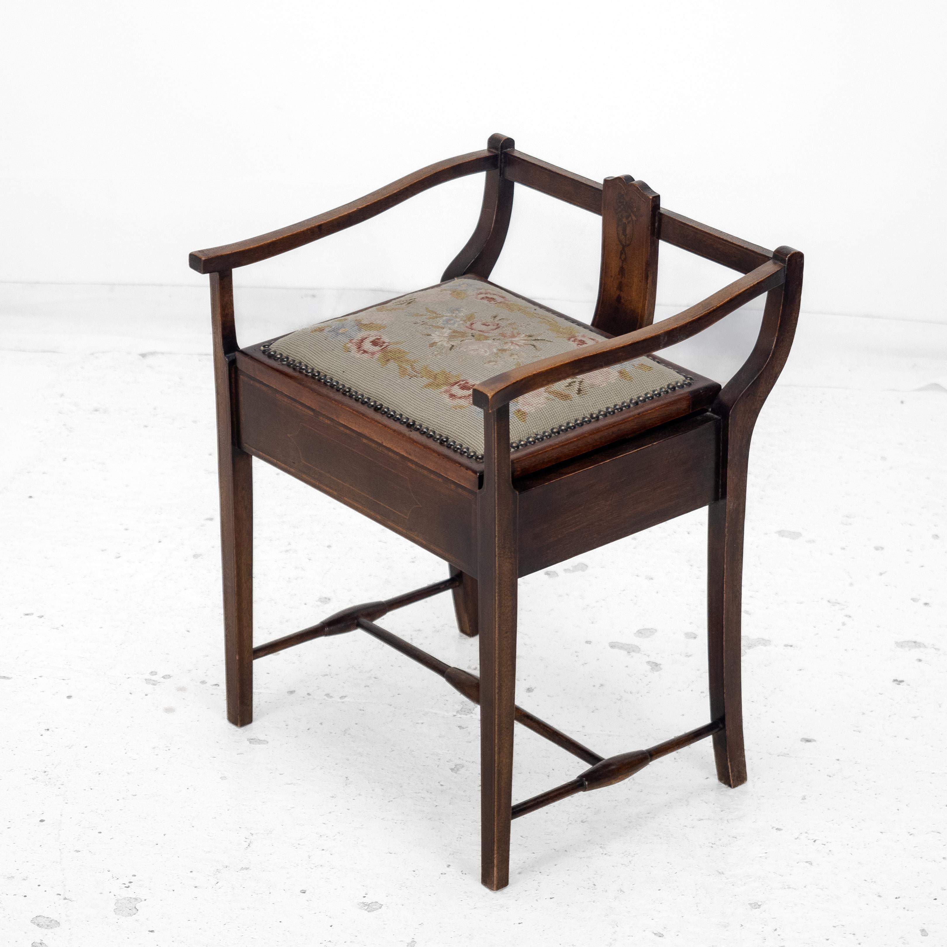 Mahogany Inlaid Tapestry Seat Piano / Music Storage Stool Edwardian For Sale 11