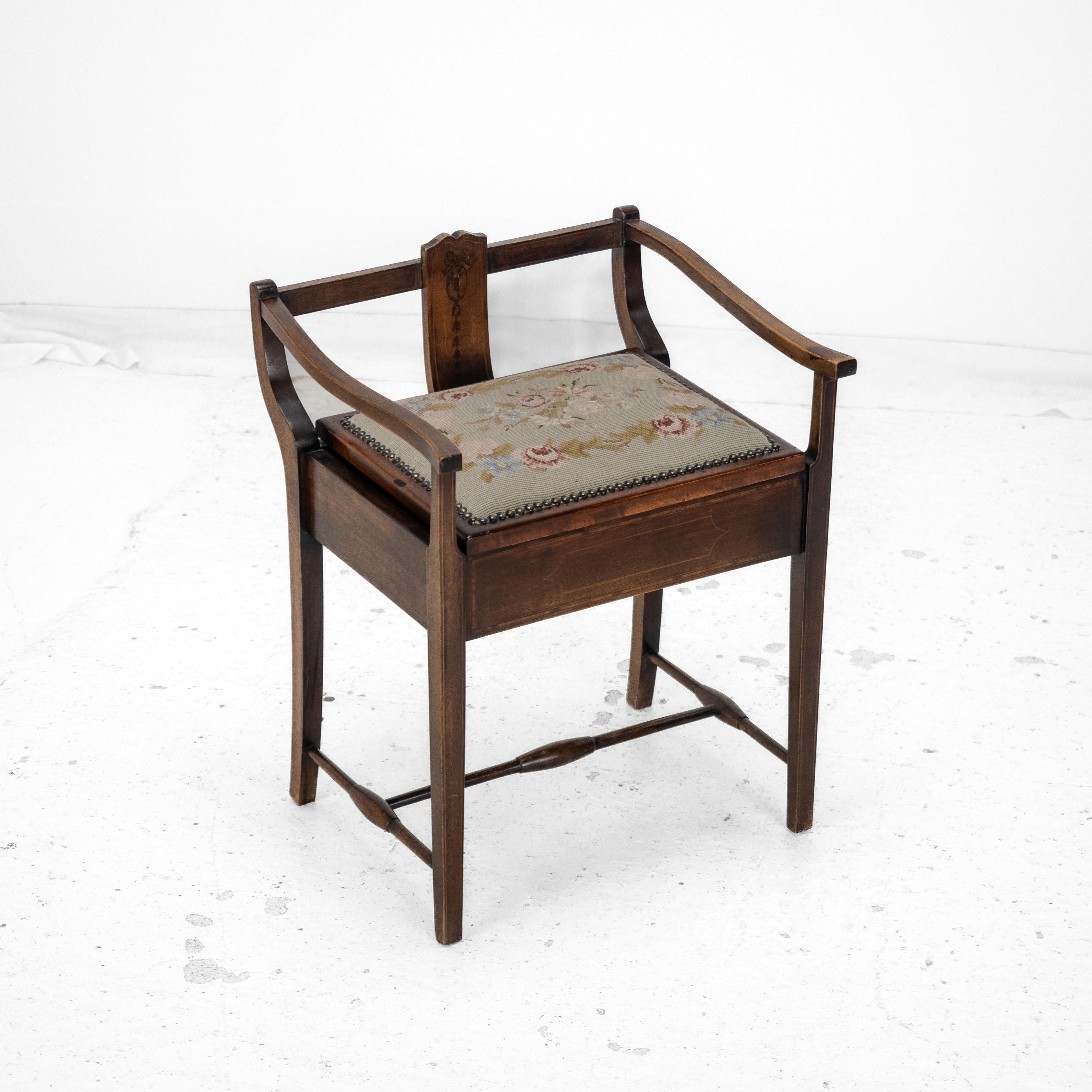 Mahogany Inlaid Tapestry Seat Piano / Music Storage Stool Edwardian For Sale 13