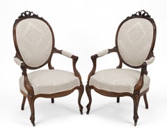Pair of Mid-19th Century English Rosewood Rococo Revival Open Armchairs, c.1850–