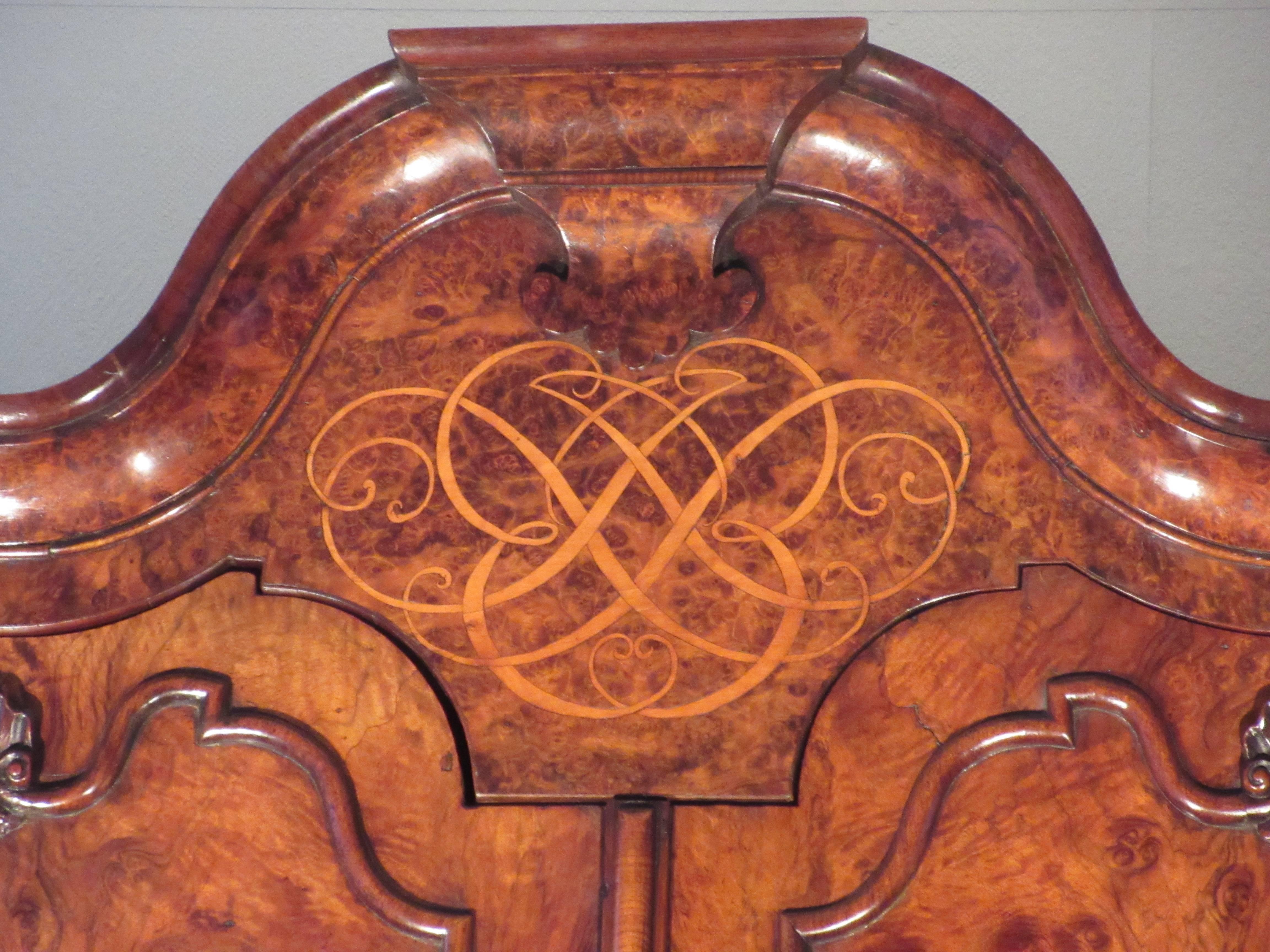 Baroque Exceptional Burr Walnut Imperial Monogrammed Bureau-Bookcase, Scriban For Sale
