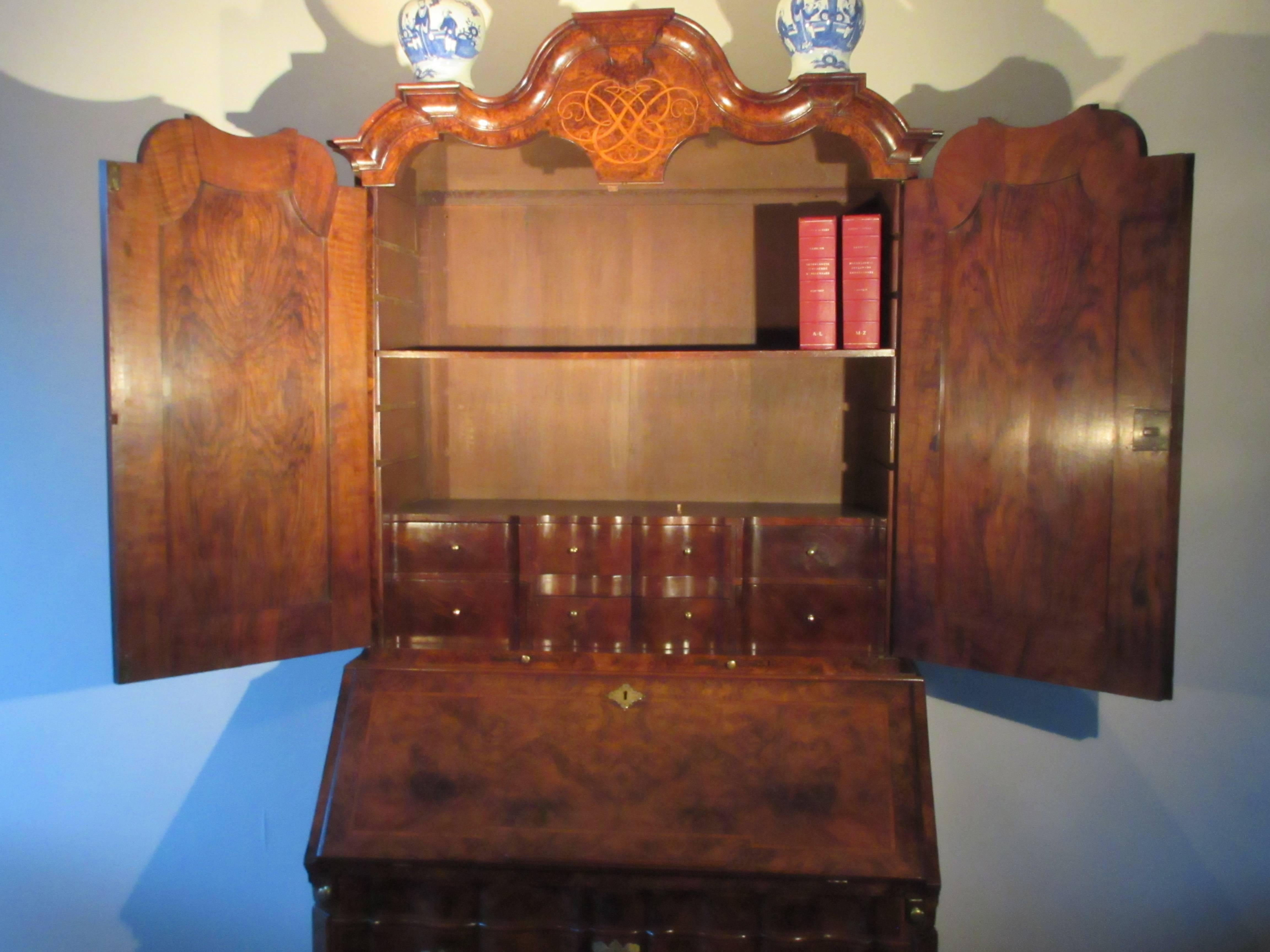 Exceptional Burr Walnut Imperial Monogrammed Bureau-Bookcase, Scriban For Sale 1