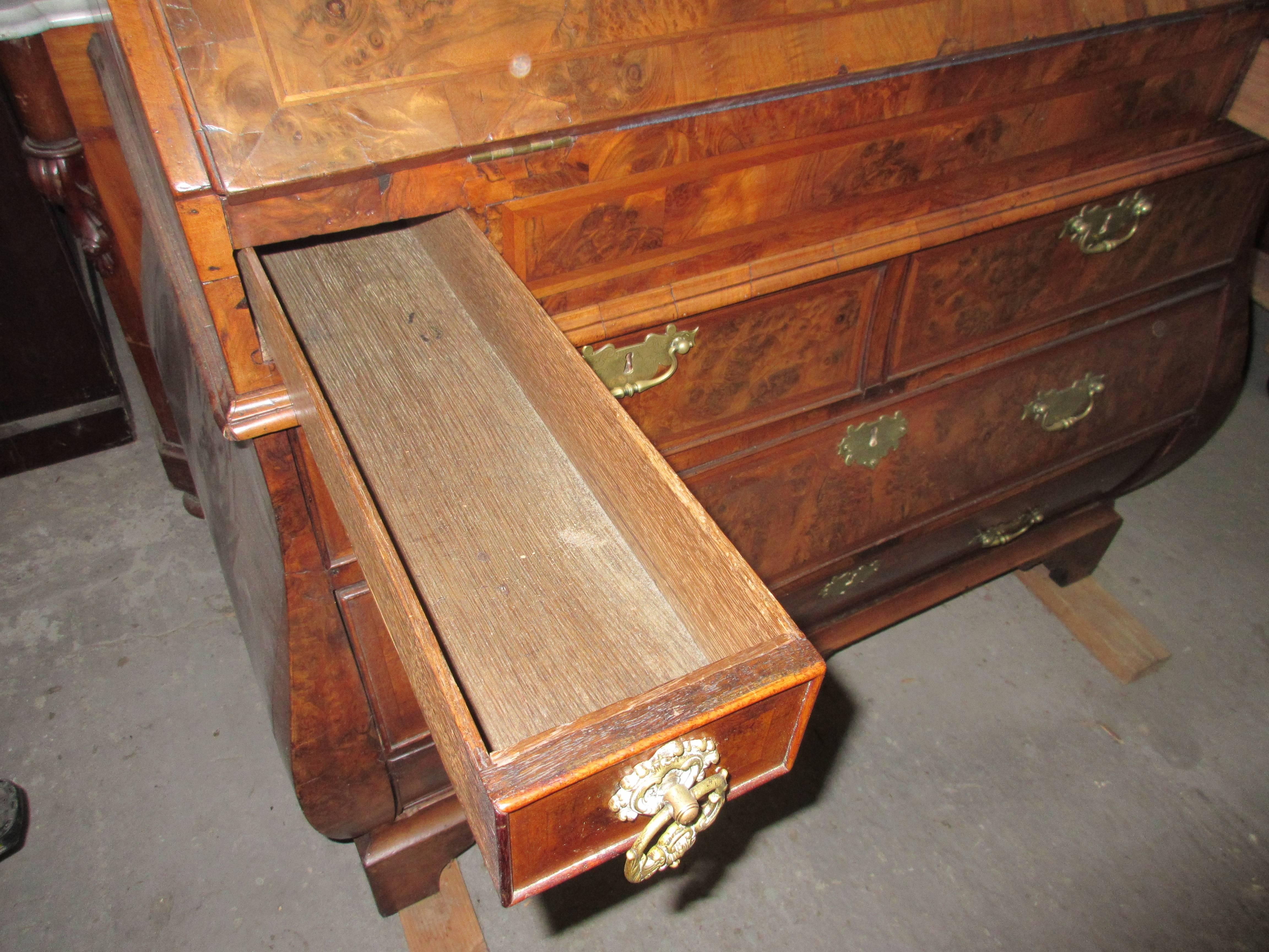 Metalwork Dutch 18th Century Burr Walnut Secretaire Writing Cabinet Scriban For Sale