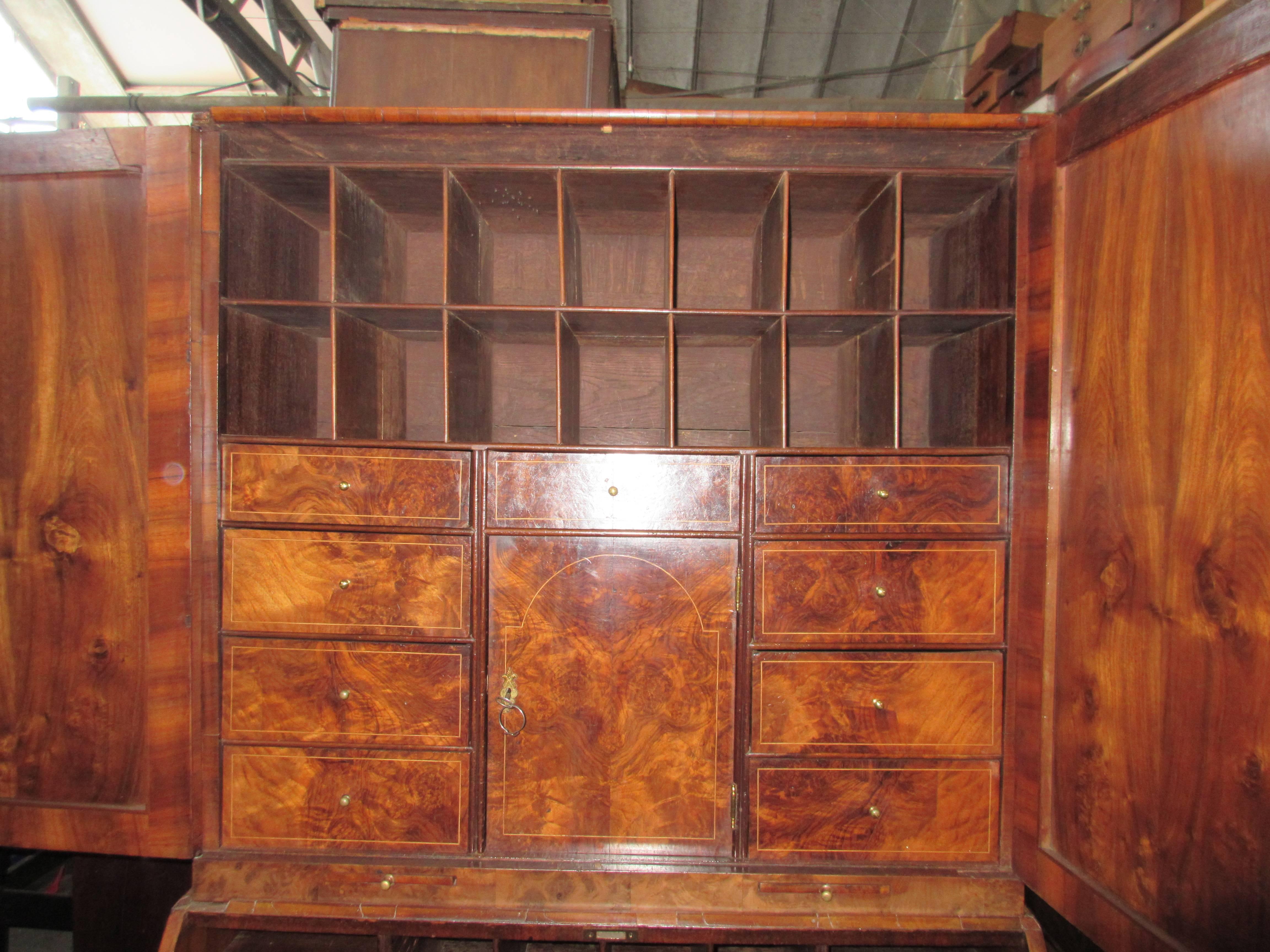 Brass Dutch 18th Century Burr Walnut Secretaire Writing Cabinet Scriban For Sale