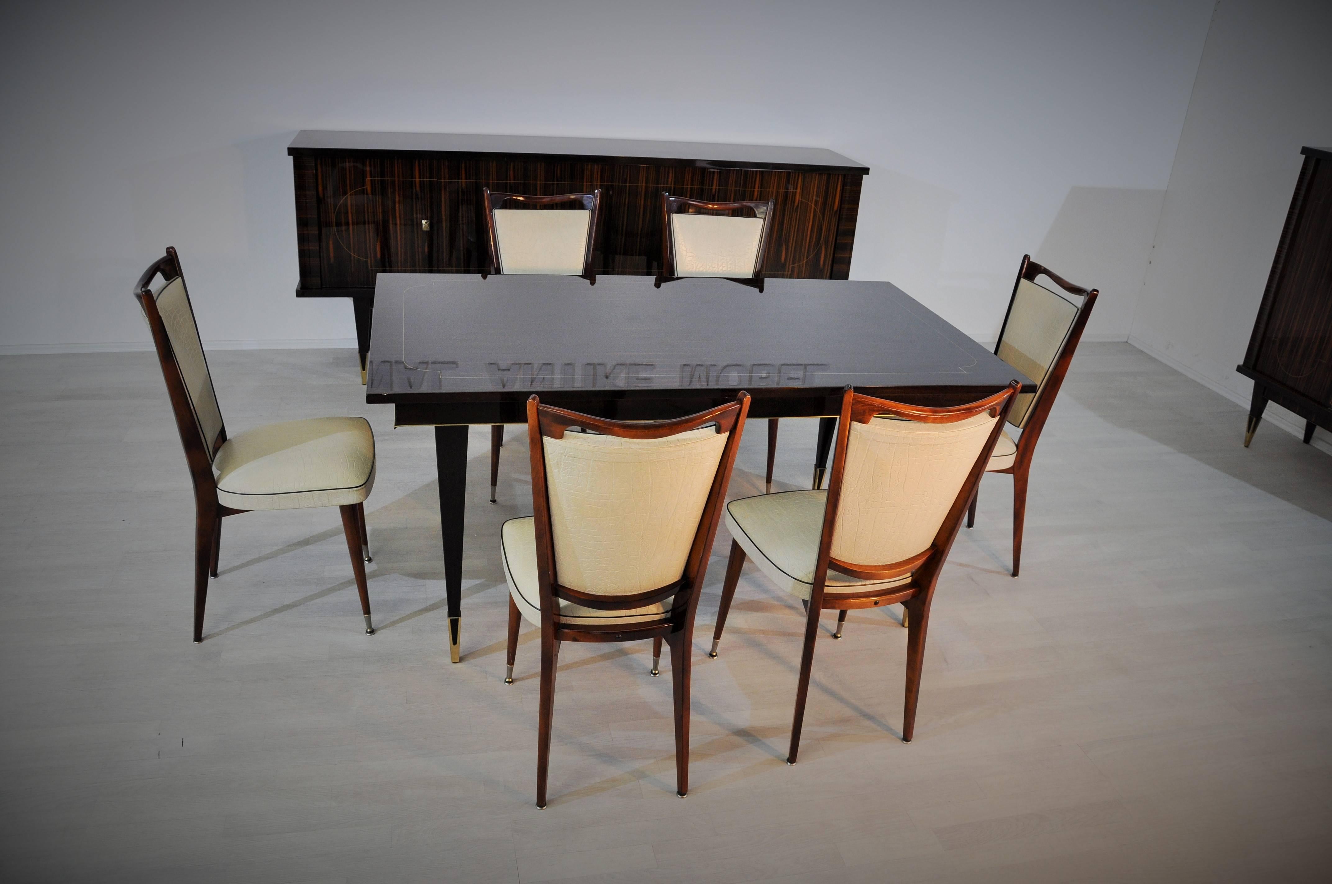 French Art Deco Macassar Dining Table with Brass Feets 2