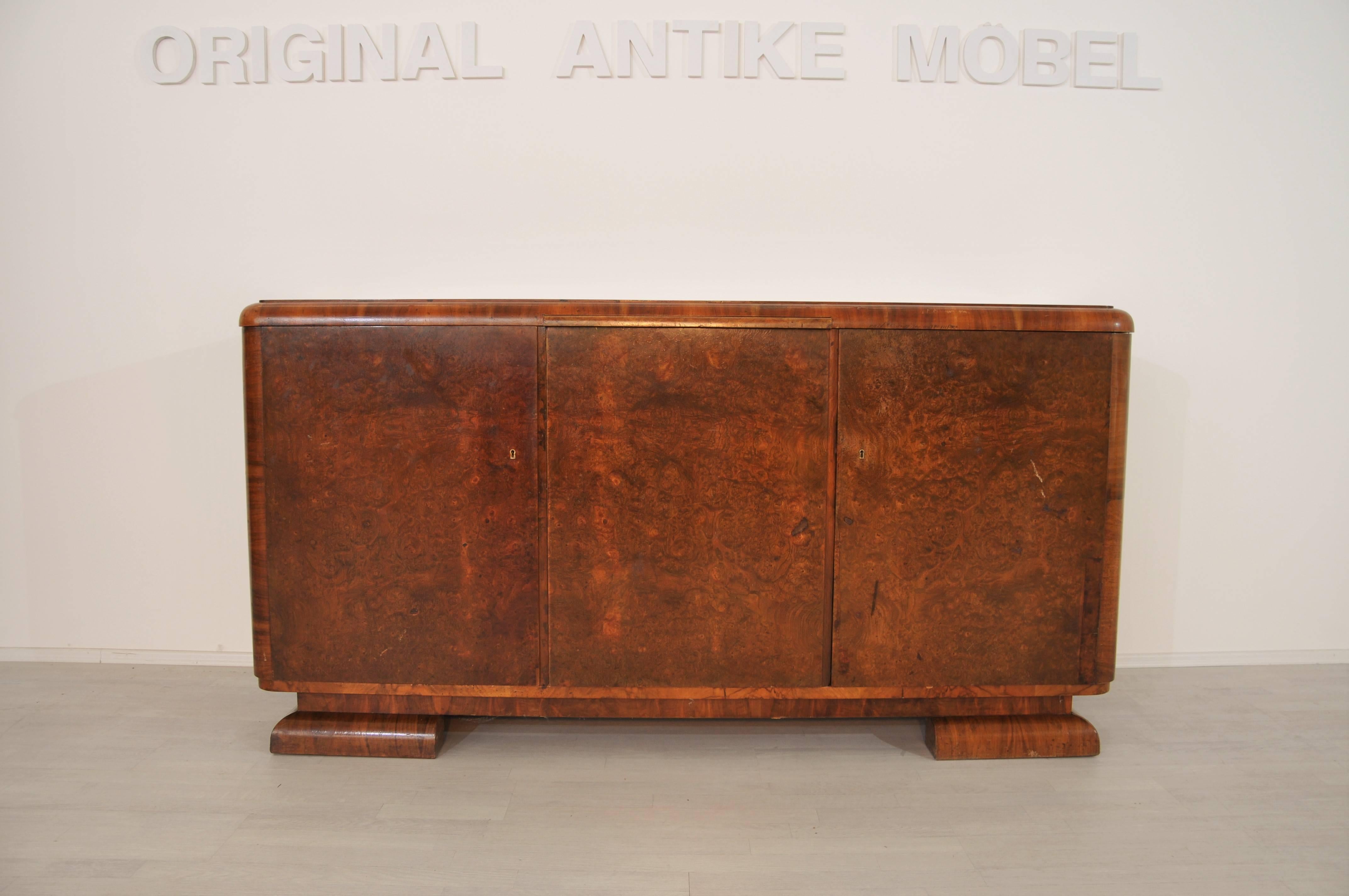 Polished Original Art Deco Sideboard Made of Burl Wood