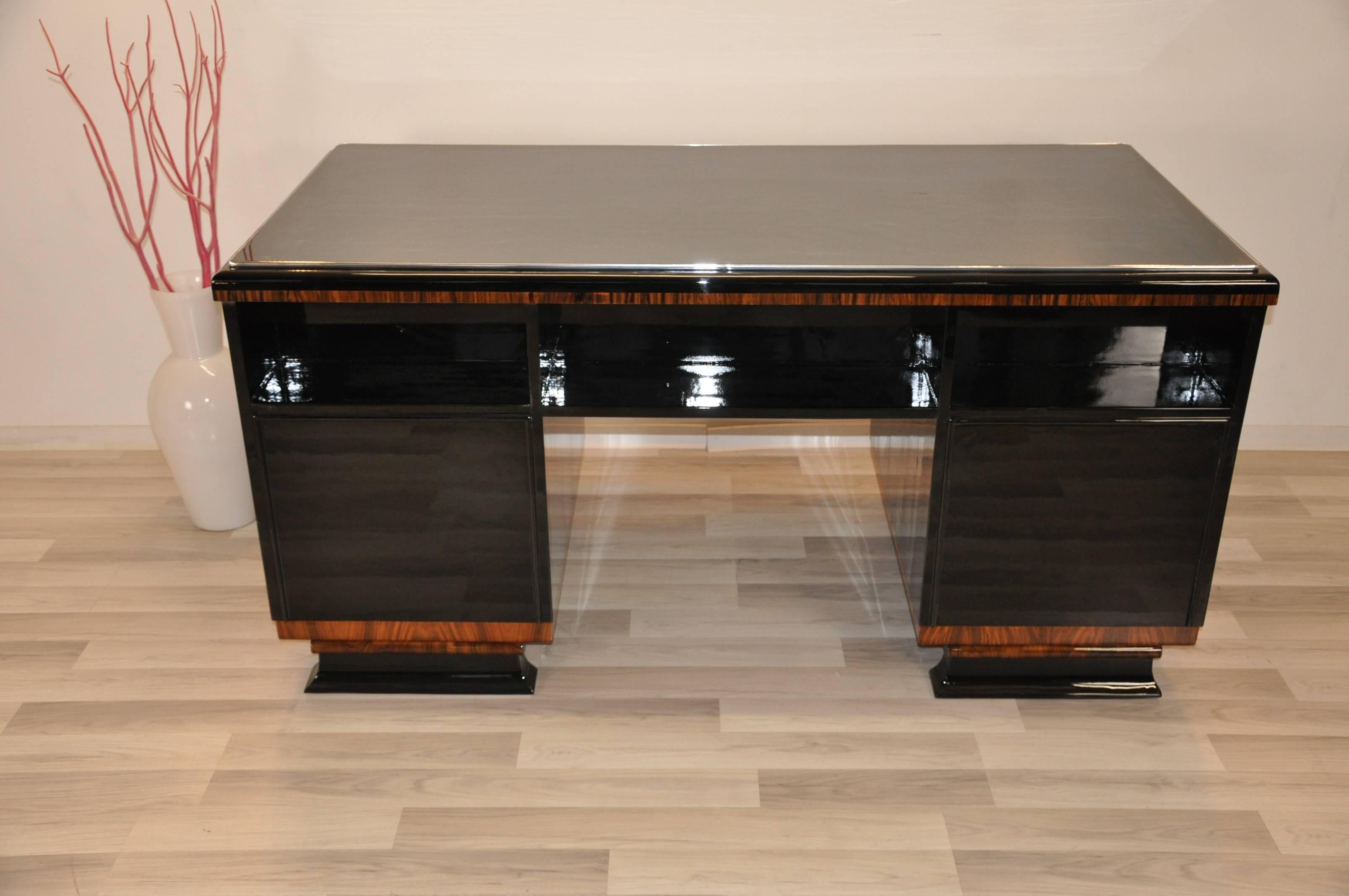 Lacquer Two Sided Art Deco Desk with Burl Wood Doors