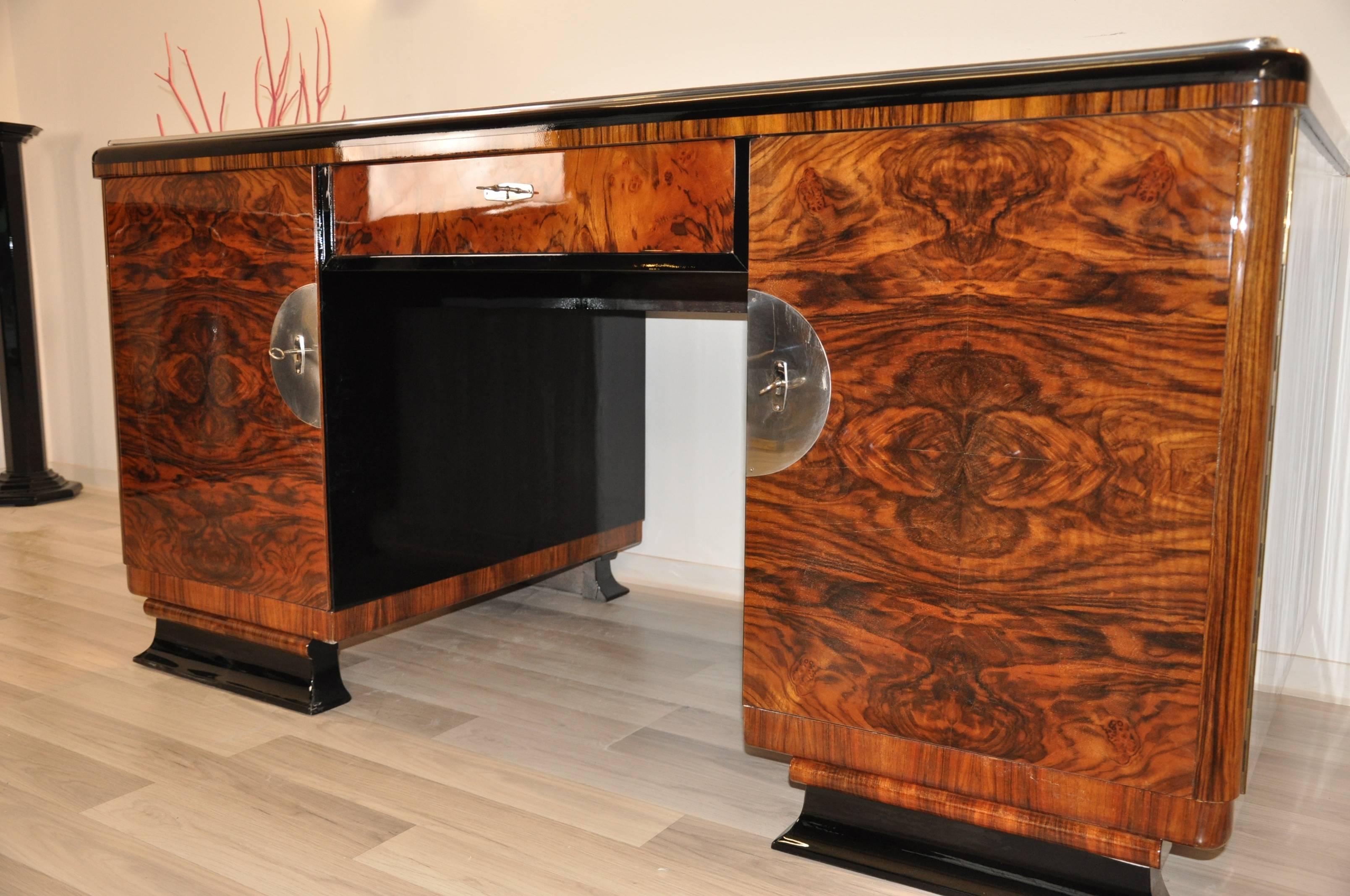French Two Sided Art Deco Desk with Burl Wood Doors