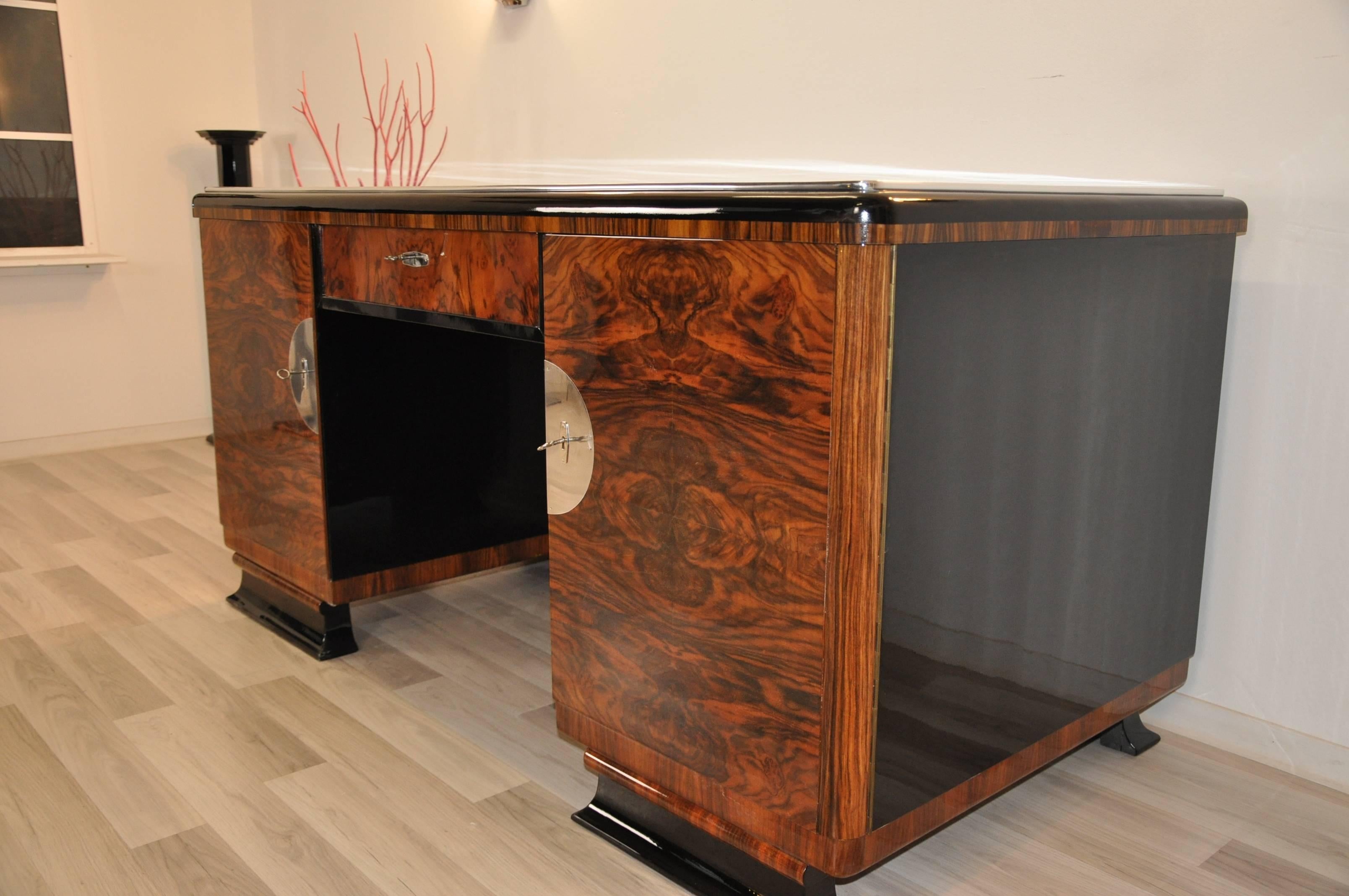 Hand-Crafted Two Sided Art Deco Desk with Burl Wood Doors