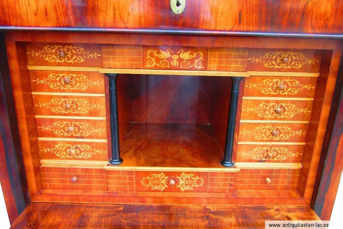 A Palisander Secretaire from 1844 / Biedermeier era. The corpus is made of softwood veneered with Palisander which is rather rare. The cabinet is veneered with magagoni and inlaid with birch. Its very elaborately processed with 13 drawers, a large