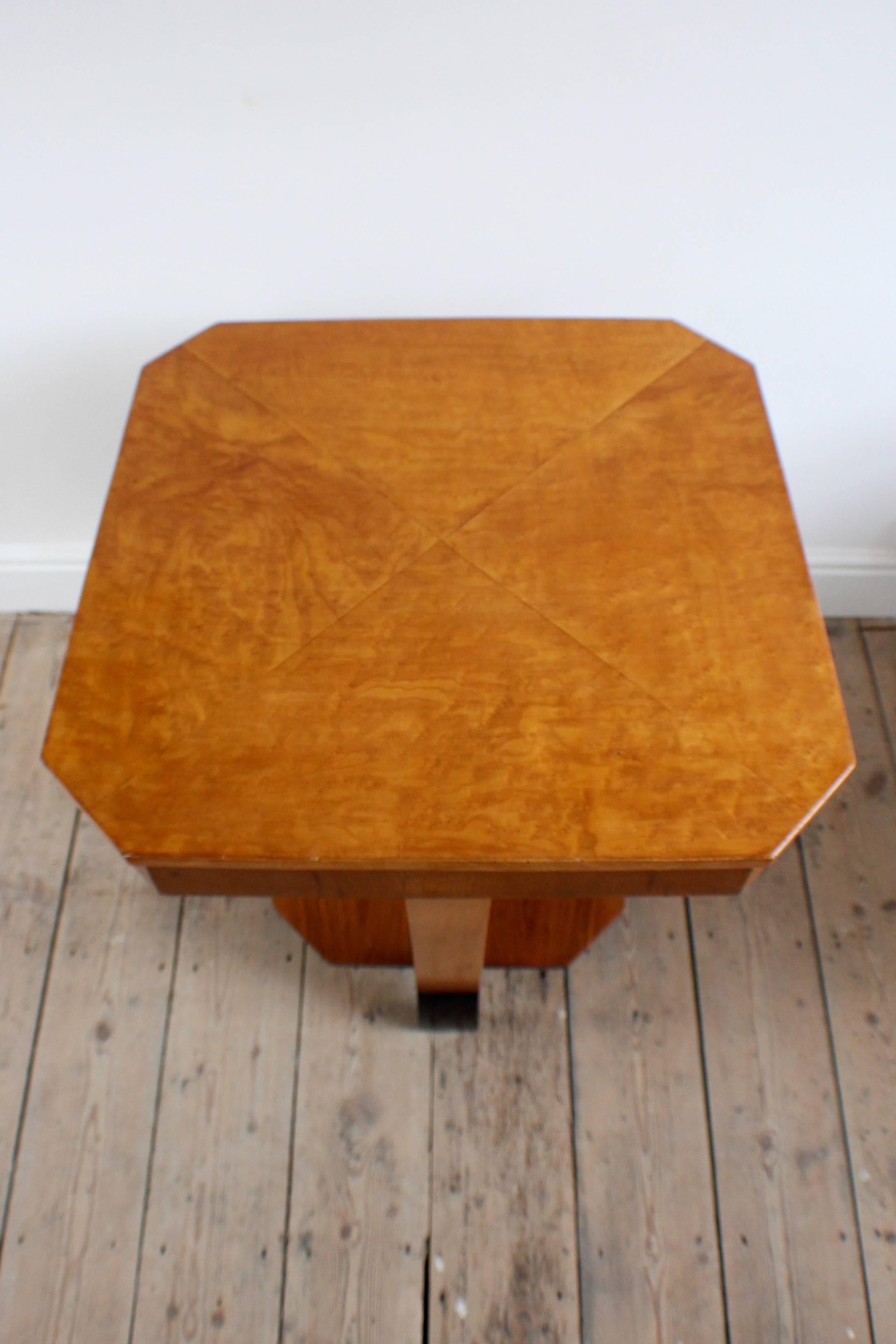 Art Deco maple and walnut lamp table rectangular top with canted corners over an under-tier.