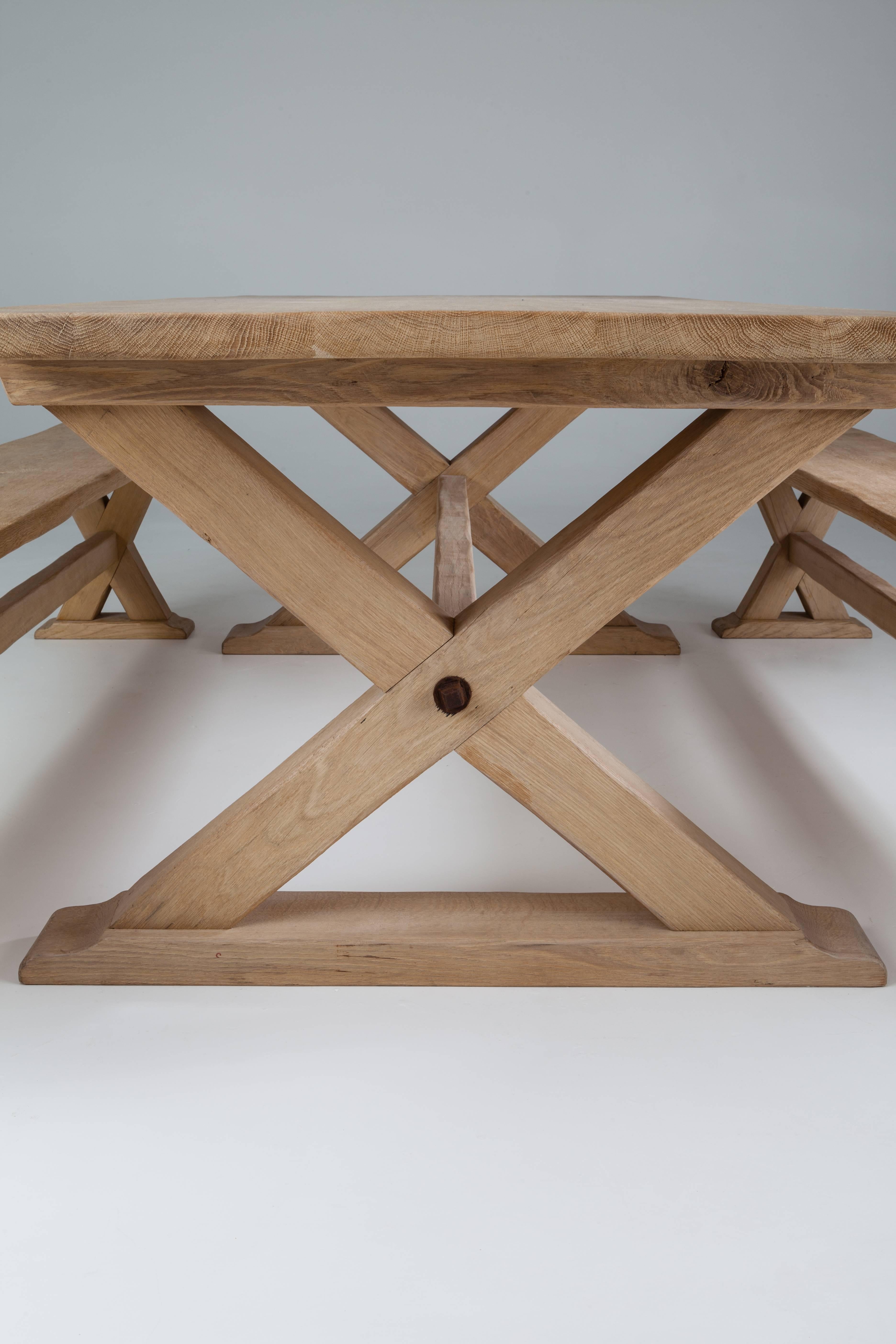 Rectangular, on a cross frame support with exposed bolts in Arts & Crafts style. Available in a range of natural and stained wood finishes. Made up to 400 cm long. 250 cm table £4250; 300 cm table £4,950; 350 cm table £5,750; 400 cm table £5,950;