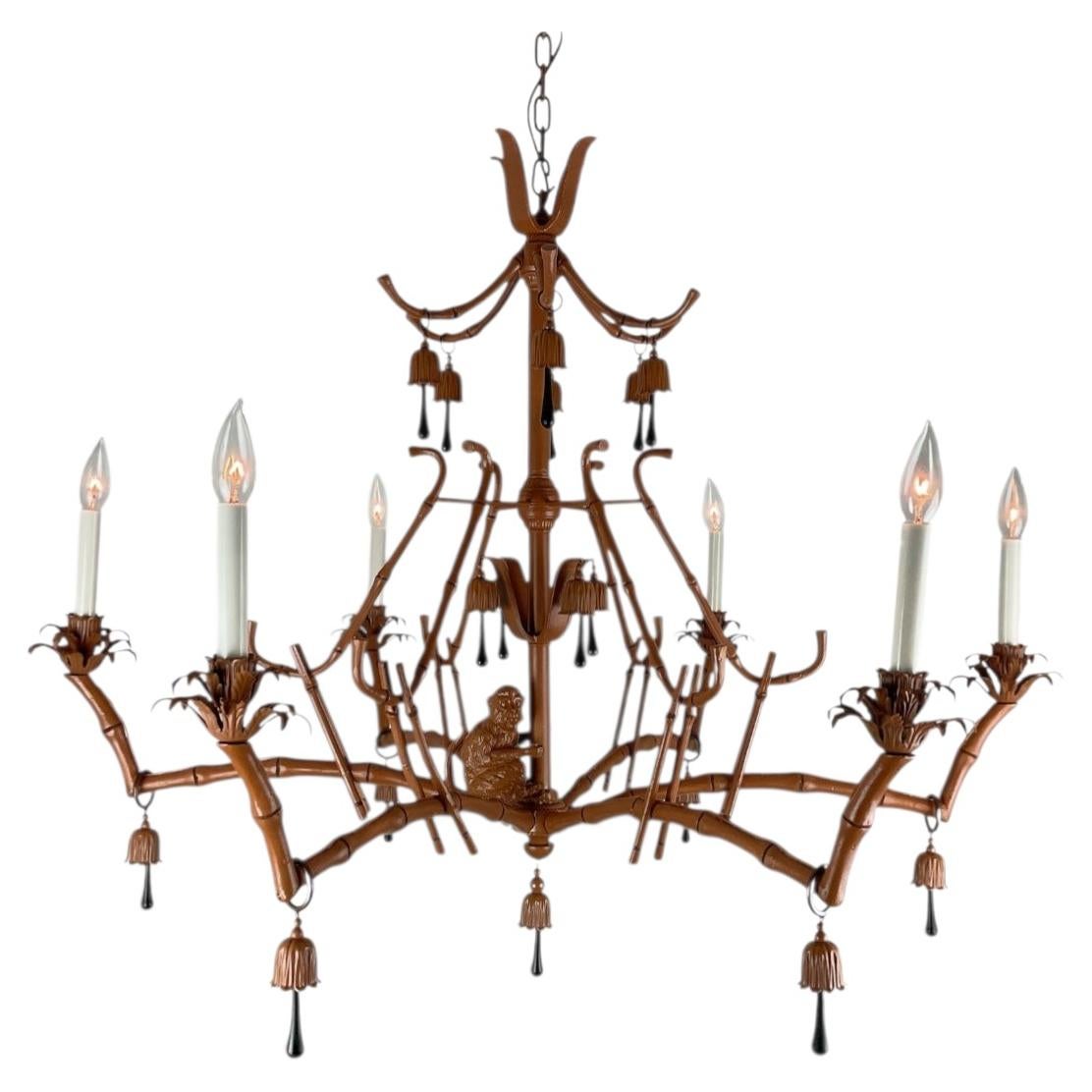Whimsical Chinoiserie Faux Bamboo Monkey Chandelier with Black Teardrop Accents