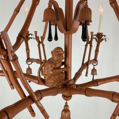 Whimsical Chinoiserie Faux Bamboo Monkey Chandelier with Black Teardrop Accents