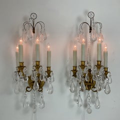 Electrified French Bronze Wall Sconces with Rock Crystal