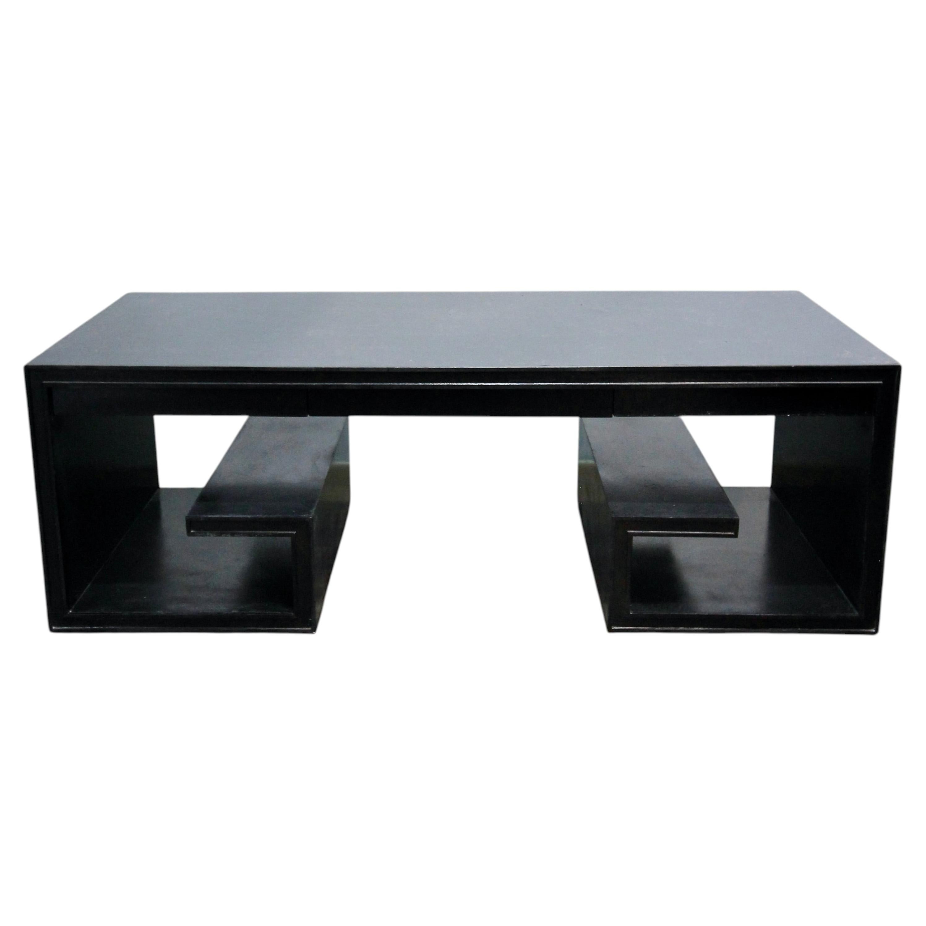 Large Black Lacquer Thomas Pheasant for Baker Greek Key Coffee Table For Sale