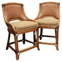 Pair Vintage Coastal Woven Rattan Stools with New Upholstered Cushions