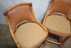 Pair Vintage Coastal Woven Rattan Stools with New Upholstered Cushions