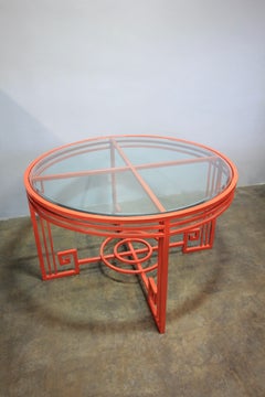 Refurbished Art Deco Style Steel & Glass Dining Table - Orange Powder-Coat