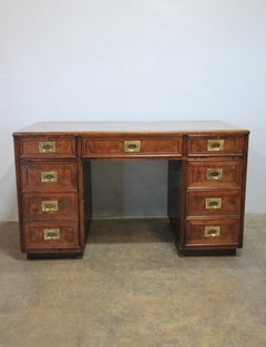 Mid-Century Burlwood and Mahogany Campaign Desk with Brass Hardware