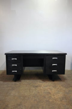 Mid-Century Wood Tanker Desk, Refurbished in Black with Brushed Steel