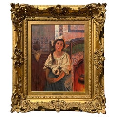 "A Girl and Her Cat Warming by the Fire" by Alois Heinrich Priechenfried
