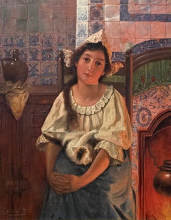 "A Girl and Her Cat Warming by the Fire" by Alois Heinrich Priechenfried