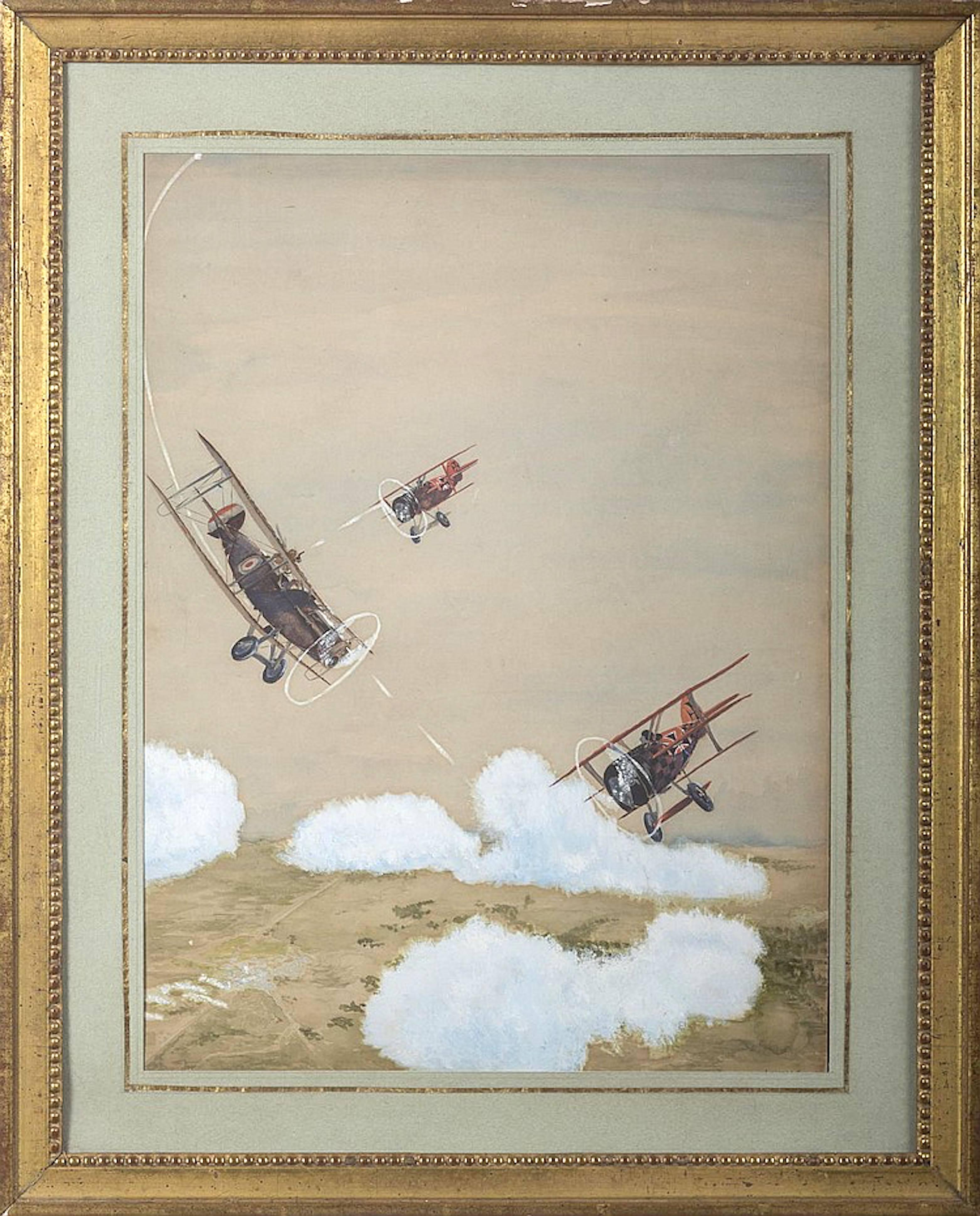 Folk Art Great WWI Plane Dog Fight Illustrations, circa 1917, Four Total
