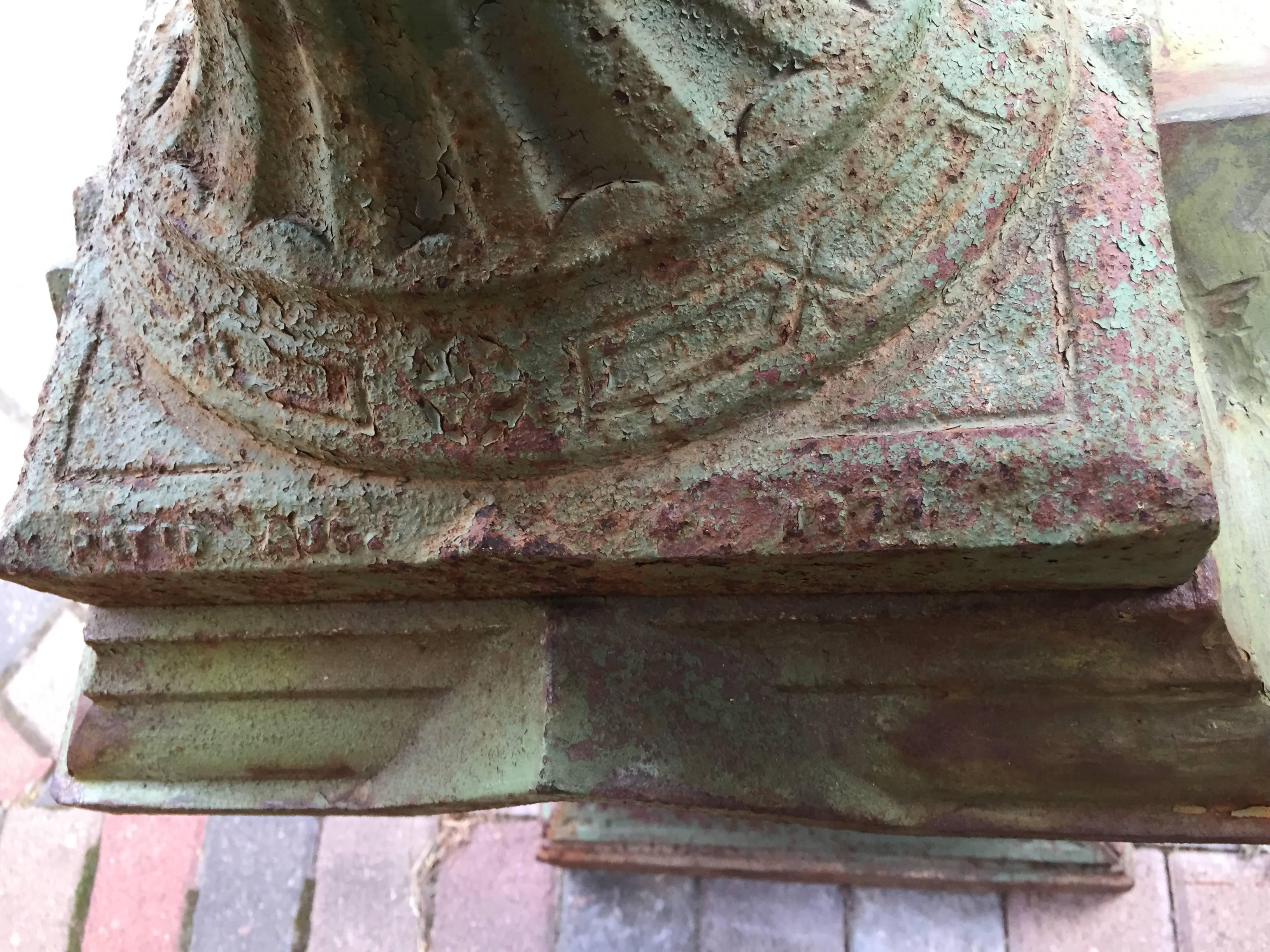 Large painted green J. W. Fiske cast iron urn in the neoclassical style. Pat'd 1878. Excellent patina in great shape.