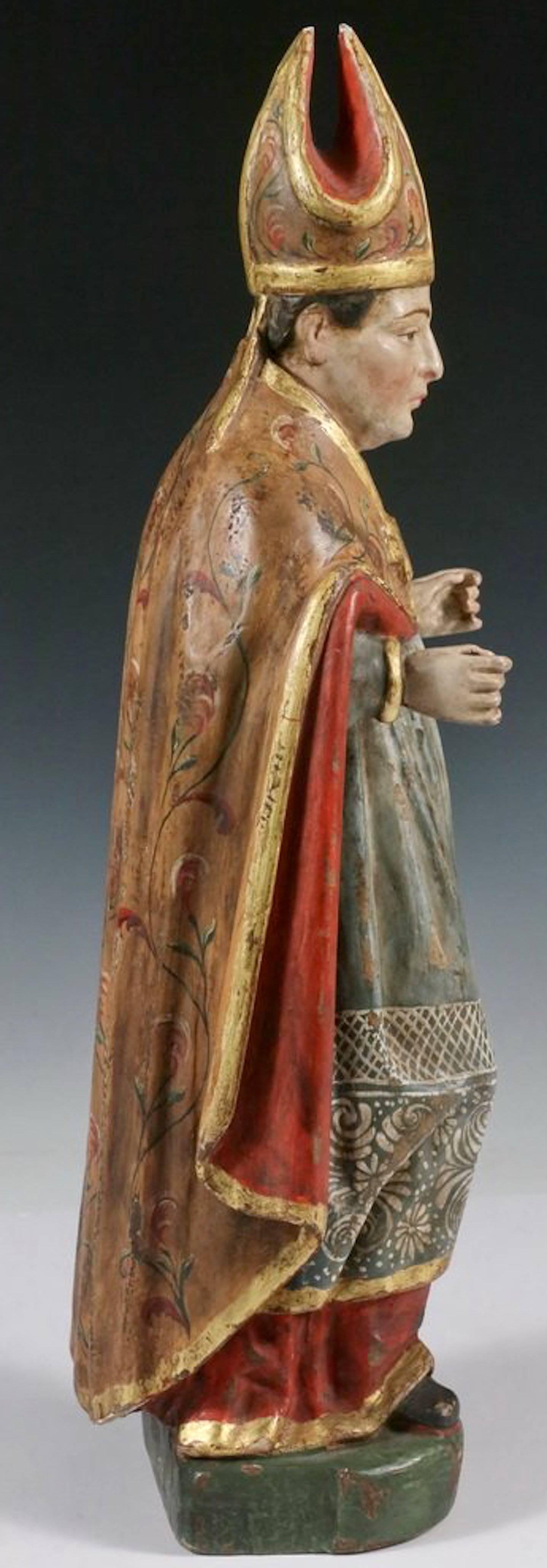 Folk Art Saint Nicholas Carved Polychromed Santos Figure, Quito School, Late 18th Century