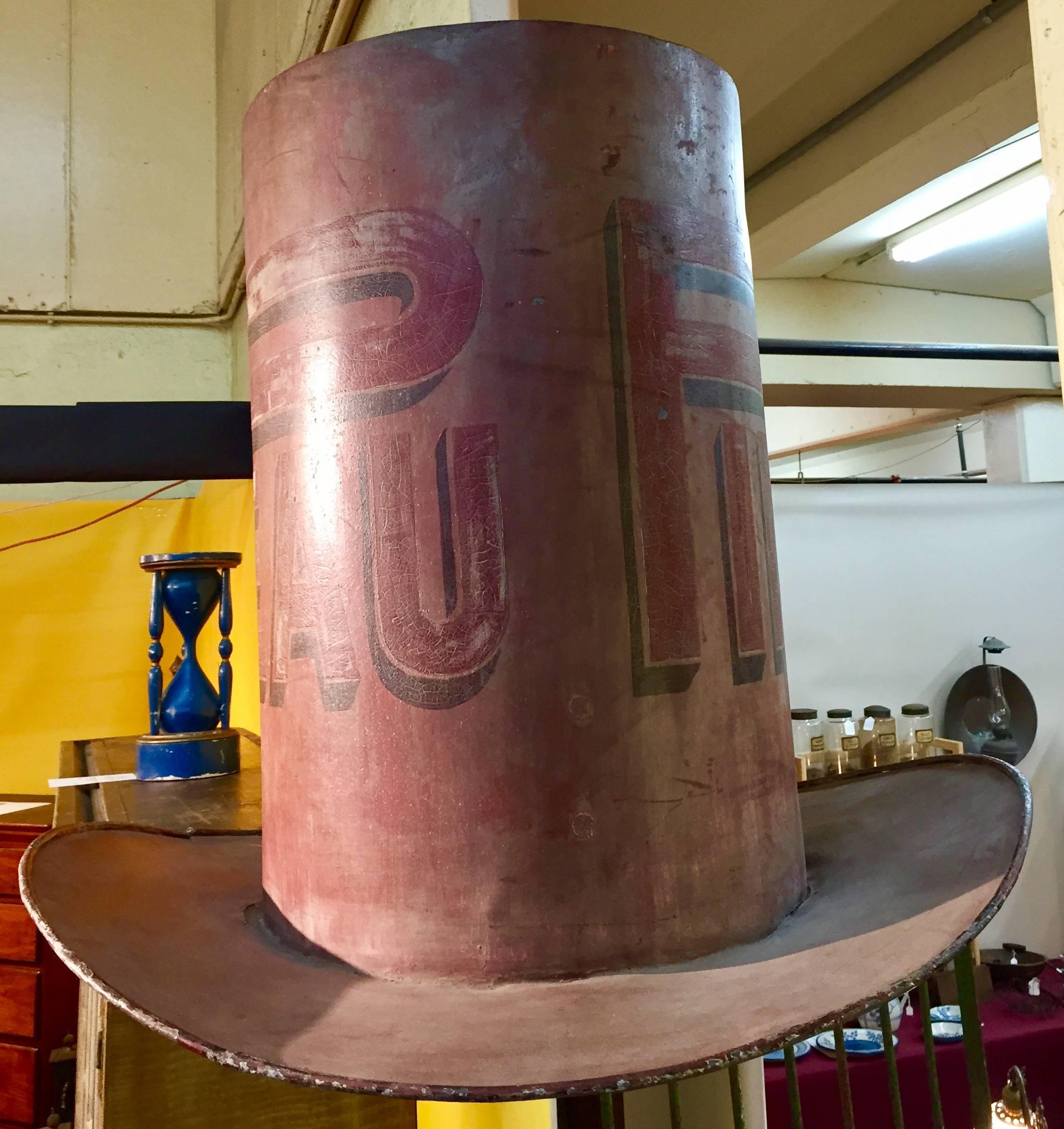 Folk Art Large Painted Zinc Trade Sign in the Form of a Top Hat 19th Century