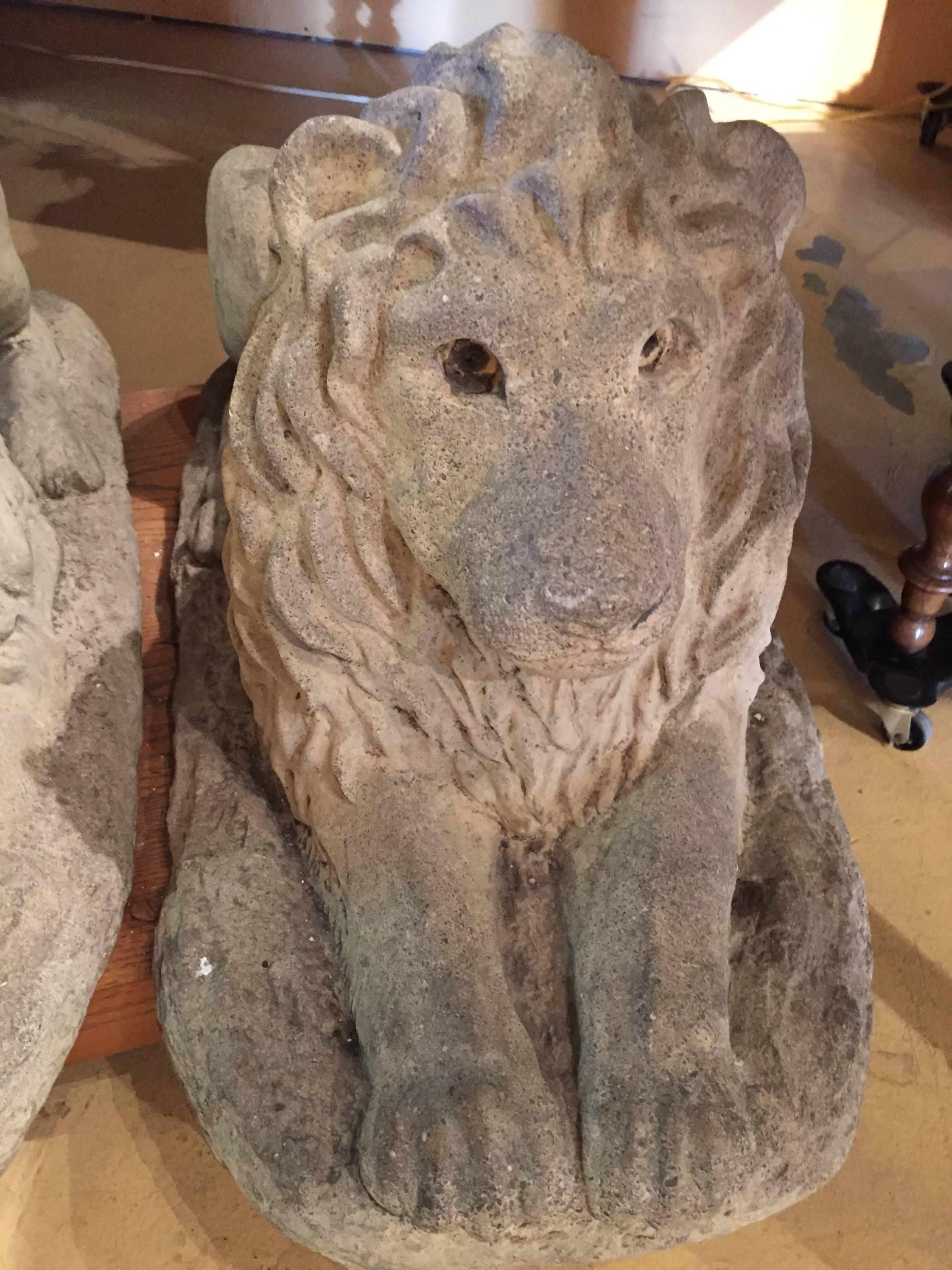 Pair of English Stone Lions In Good Condition In Wiscasset, ME