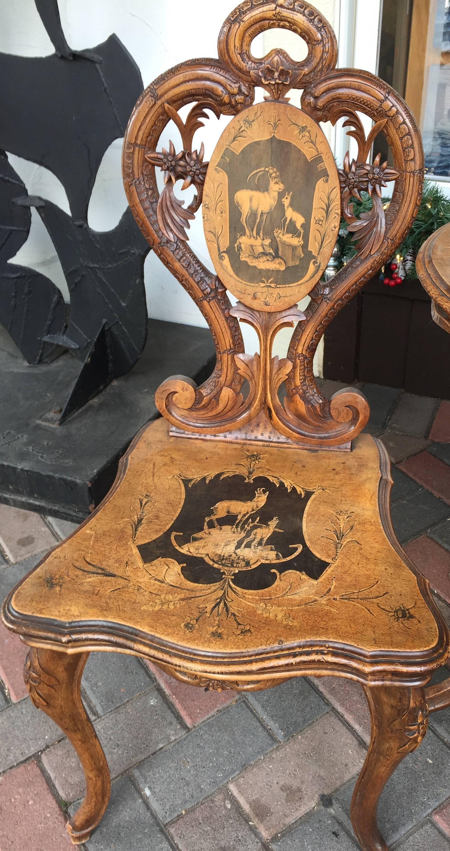 Exquisite Swiss Black Forest 19th Century Carved Table and Chair Set In Good Condition In Wiscasset, ME