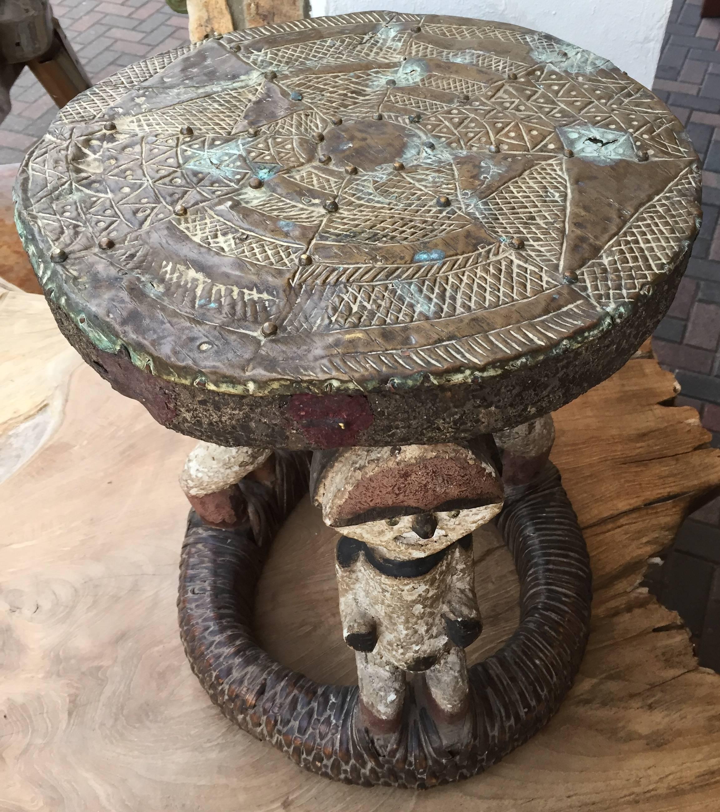 Ghanaian African Figural Stool with Carved and Painted Figures