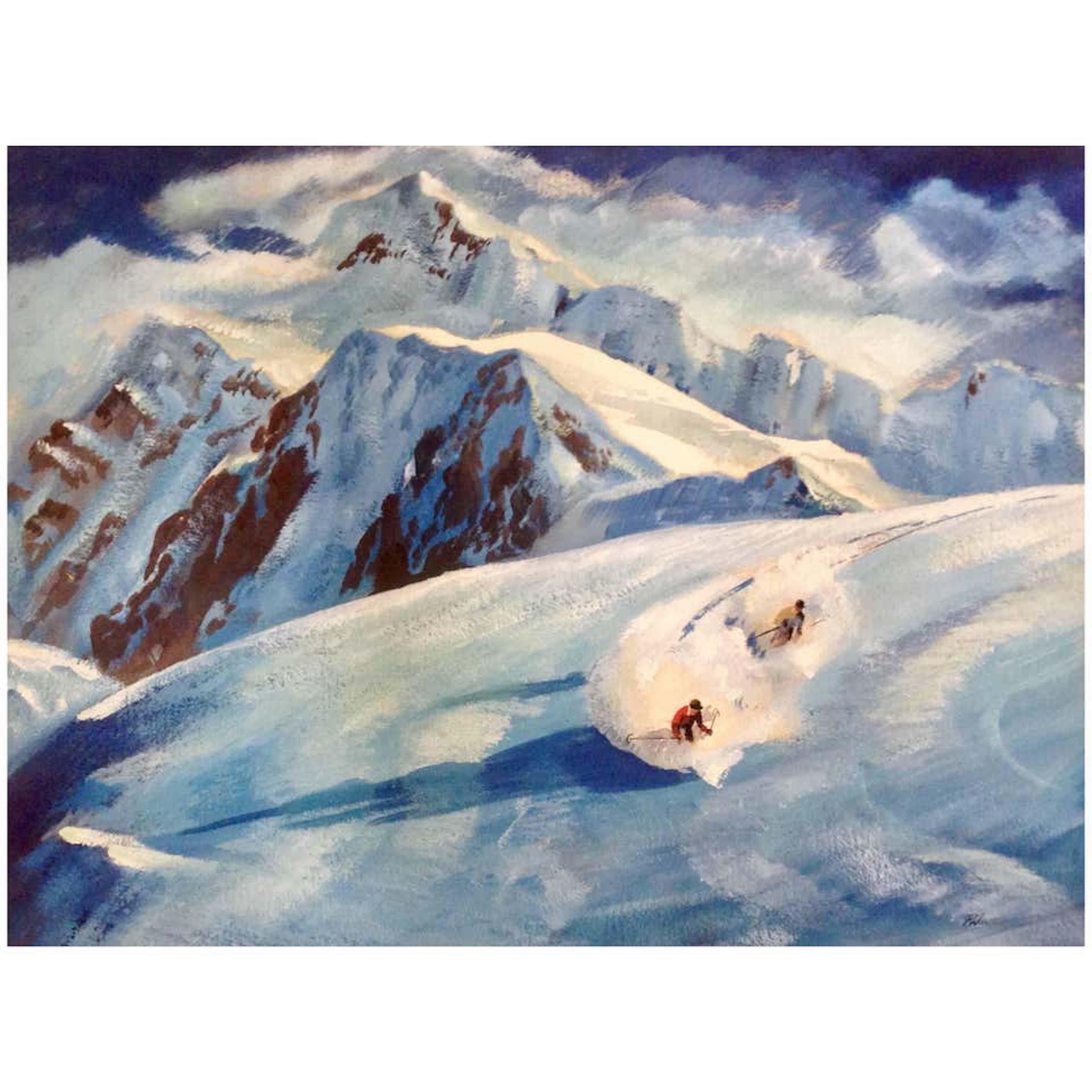 Mid-Century Modern Vintage 1940s Ski Painting Watercolor and Gouache