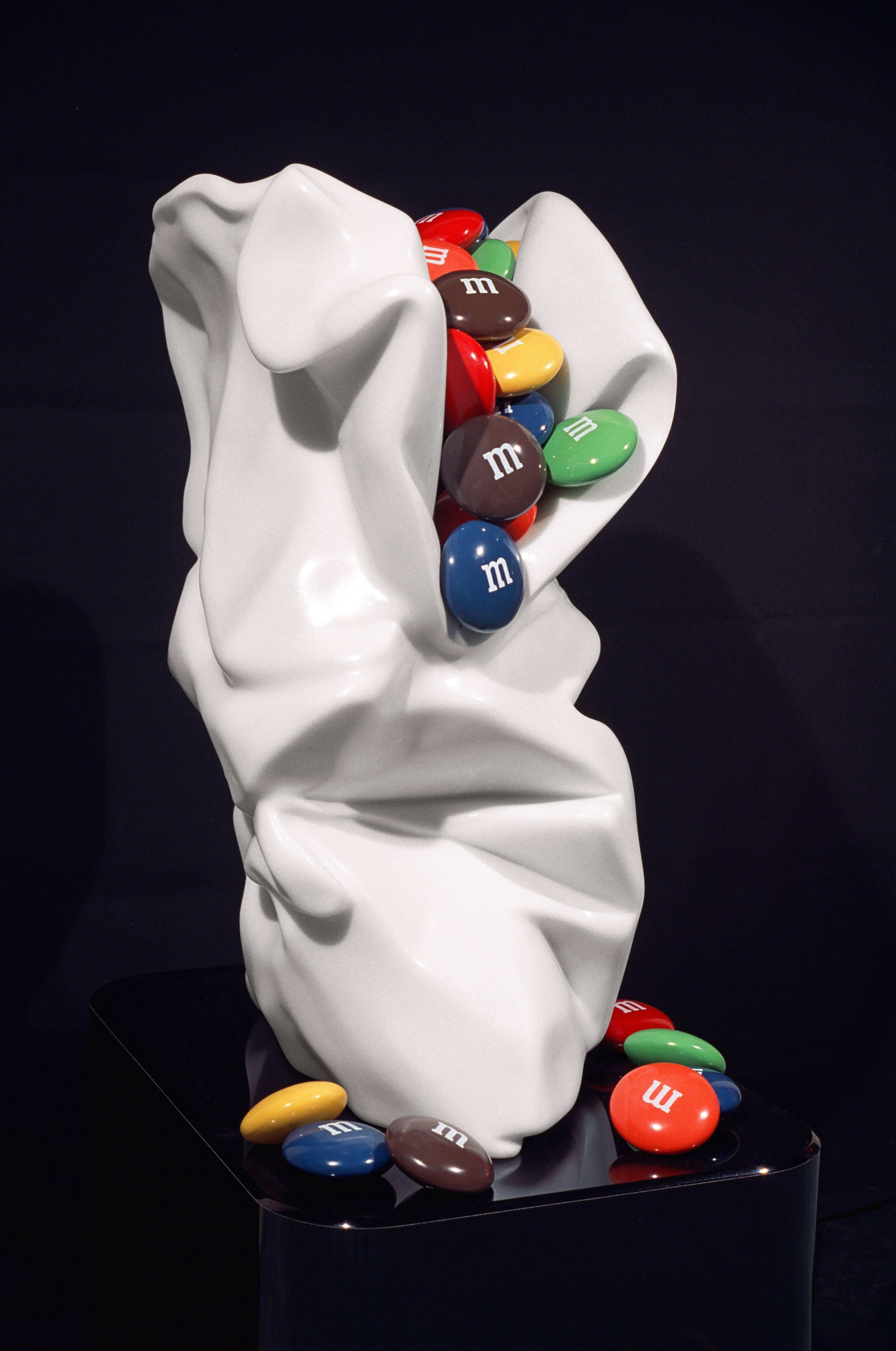 2004
bag marble, M&M’s carved out of marble and cast in resin
bag is 30” H X 15” W X 20” D
M&M’s 3” X 3”,
Base is 18” H total weight 800lbs.

Artist statement:
My passion for sculpting is expressed in my creation of the virtual records of