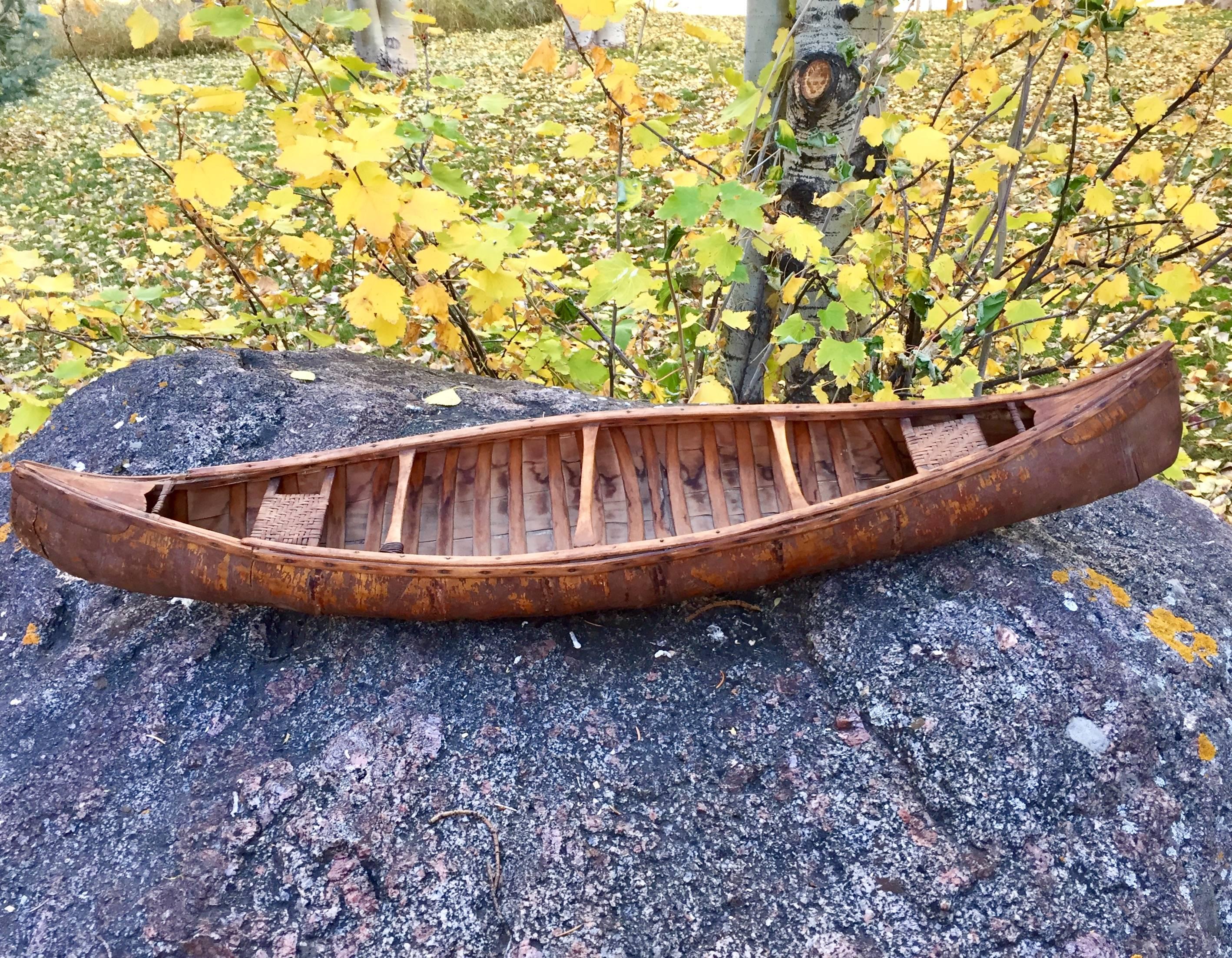 Folk Art Model Antique Birch Canoe with Slat Rush Seats
