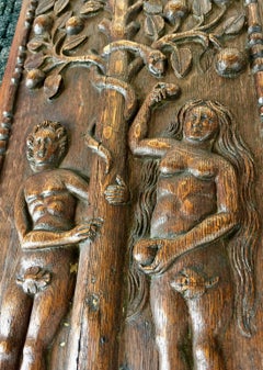 Folky 17th Century Carved Panel Adam and Eve