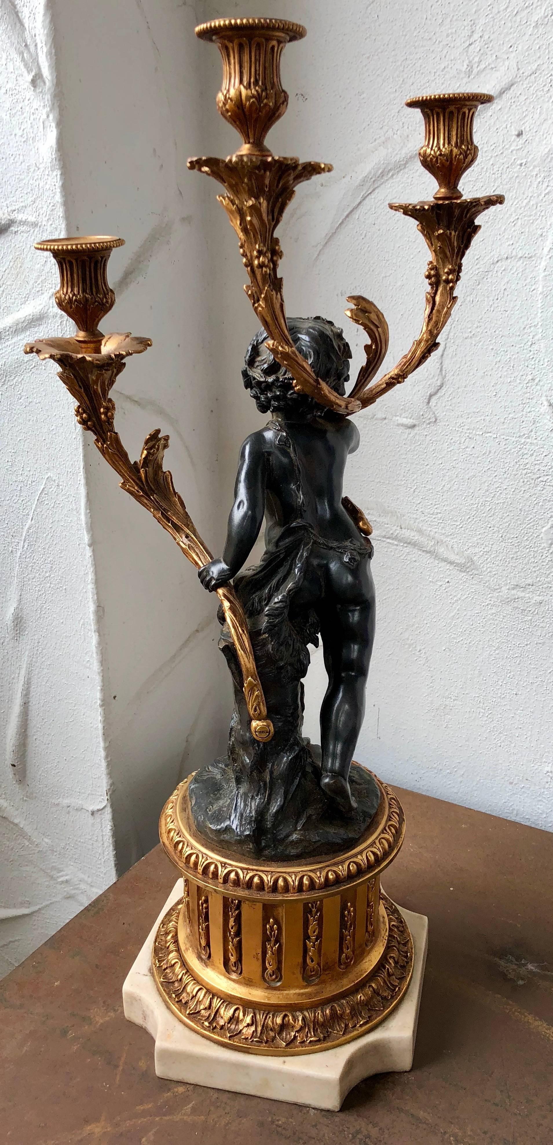 Louis XVI Substantial Pair of French Patinated and Gilt Bronze Figural Candelabra