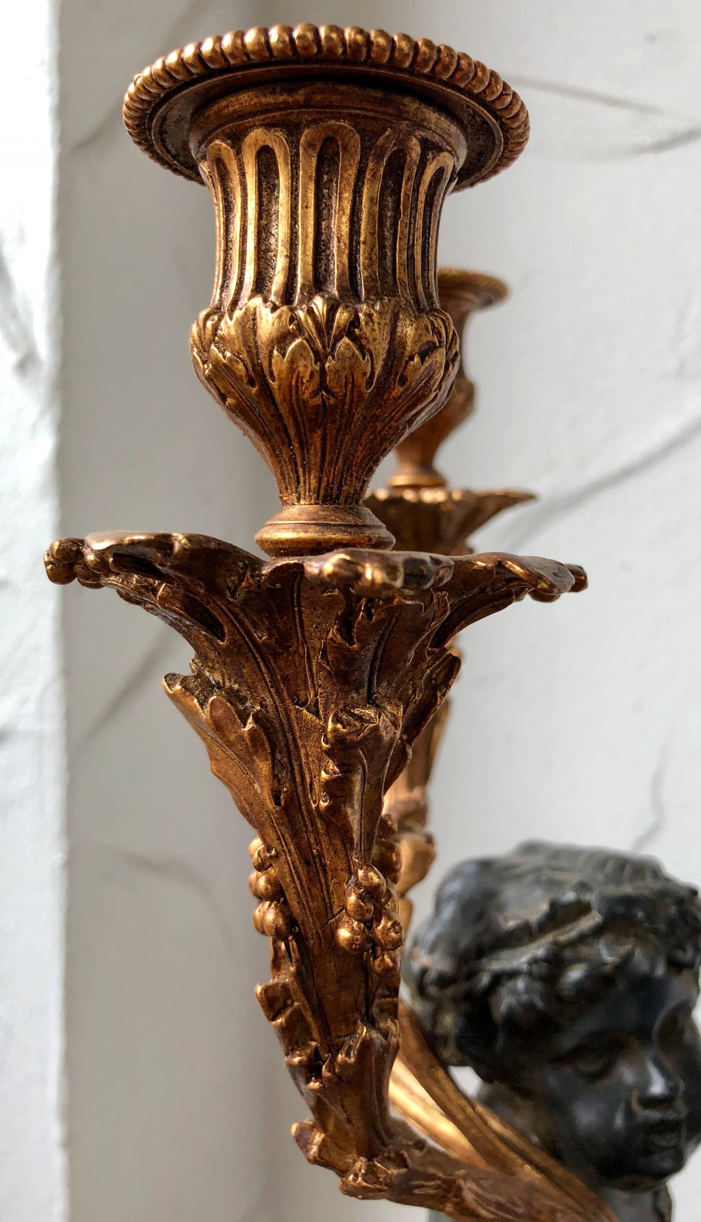 Substantial Pair of French Patinated and Gilt Bronze Figural Candelabra In Good Condition In Wiscasset, ME