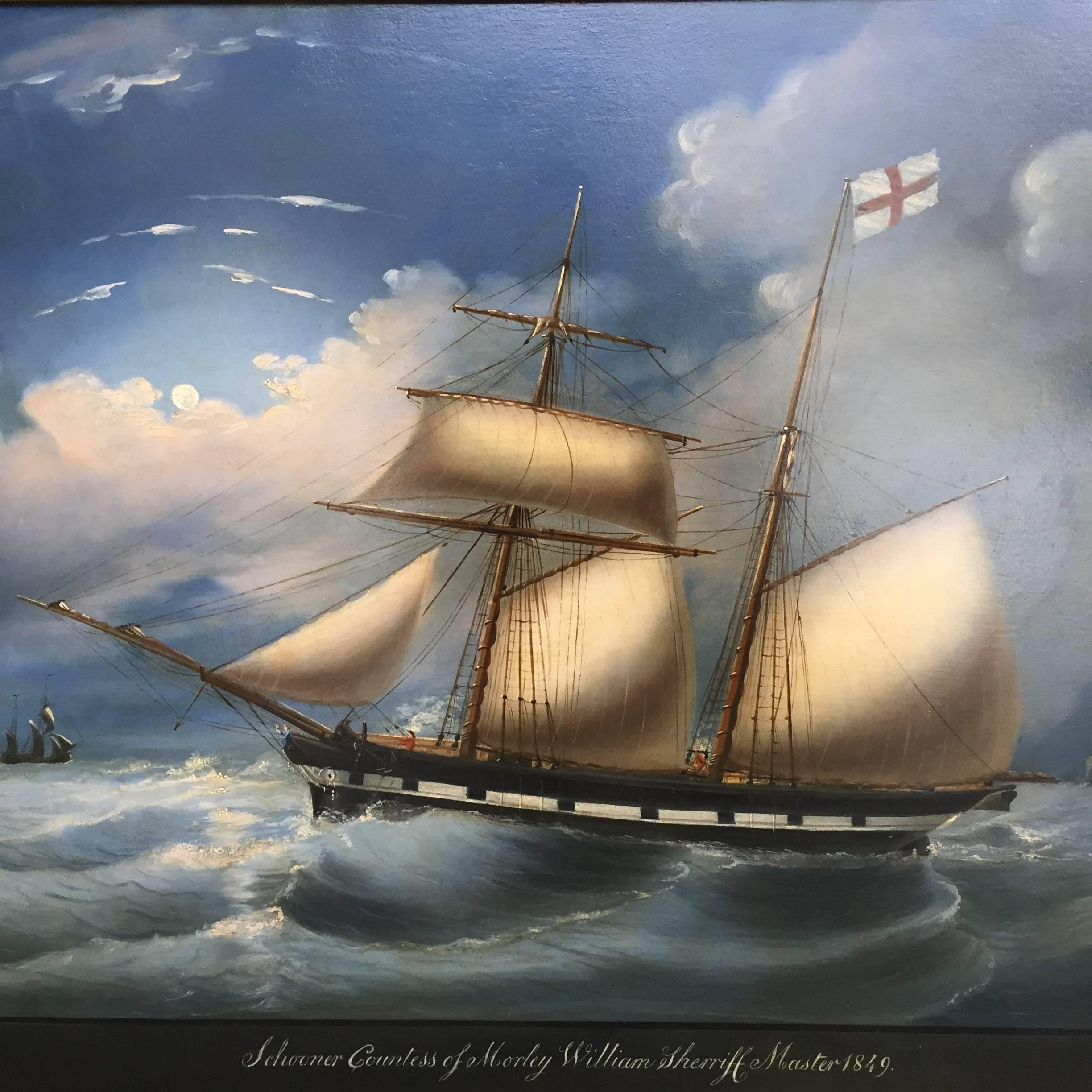 Pair of oil on canvas.

Schooner countess of Morley, William Sherriff Master, entering Leghorn Mole December 19th 1849 and William Sherriff Master, 1849. The schooner Countess of Morley started life as H.M.S.Kangeroo in 1805 and was much involved