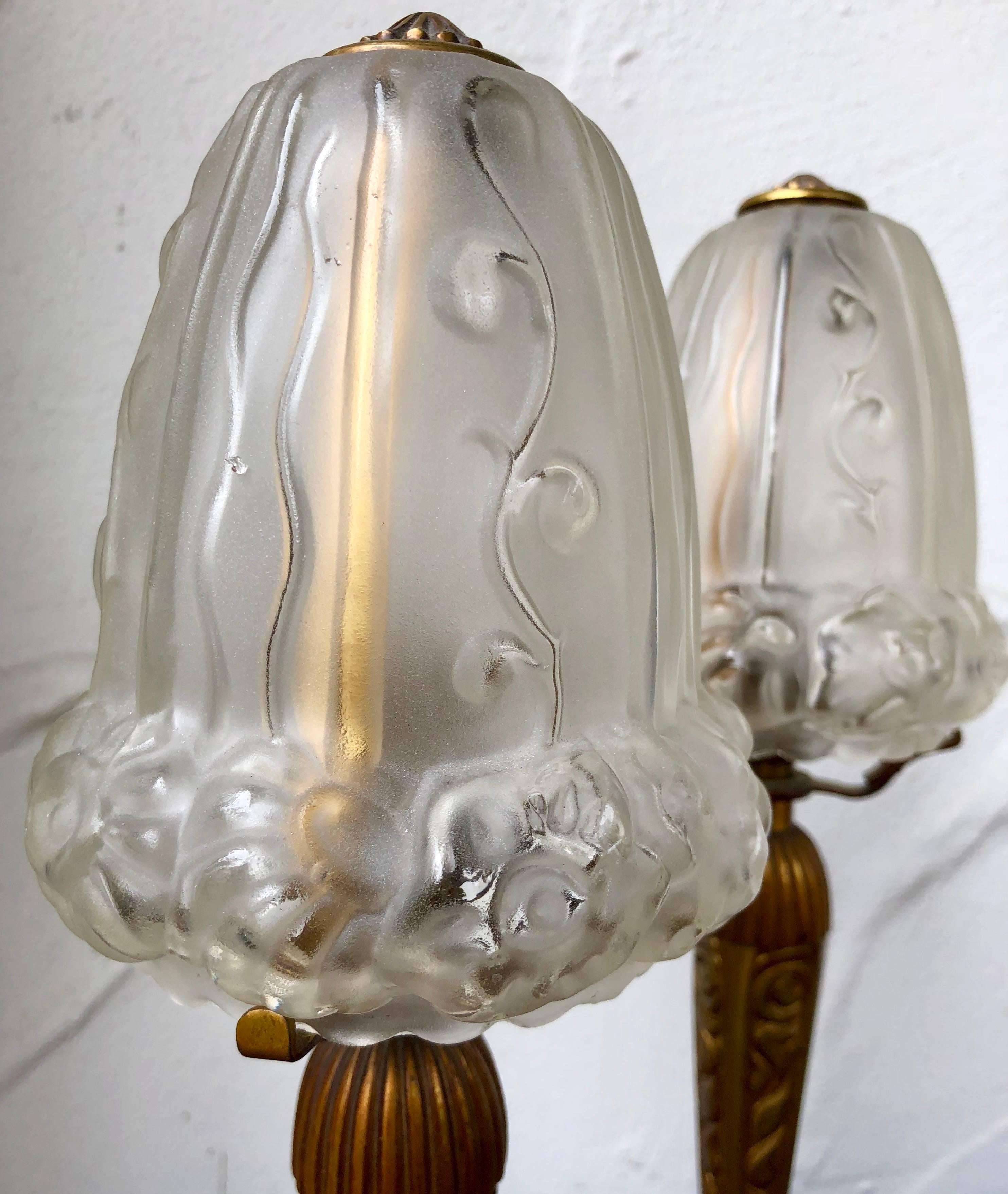 French Pair of Art Nouveau Bronze Table Lamps with Glass Shades