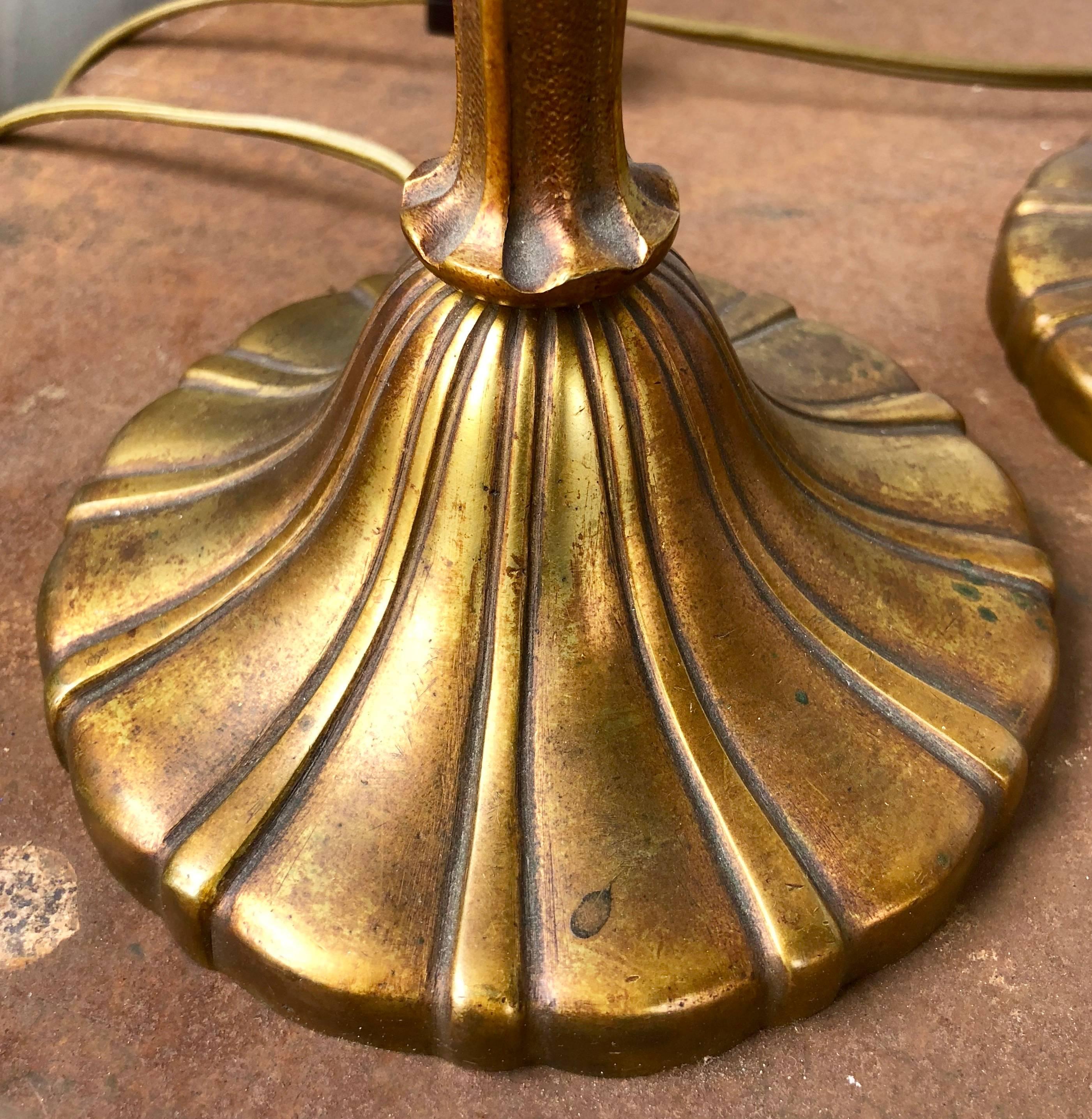 Pair of Art Nouveau Bronze Table Lamps with Glass Shades In Good Condition In Wiscasset, ME