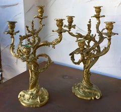 Pair of Louis XV Style Cast Gilt Bronze Candelabra by A.E. Beurdeley