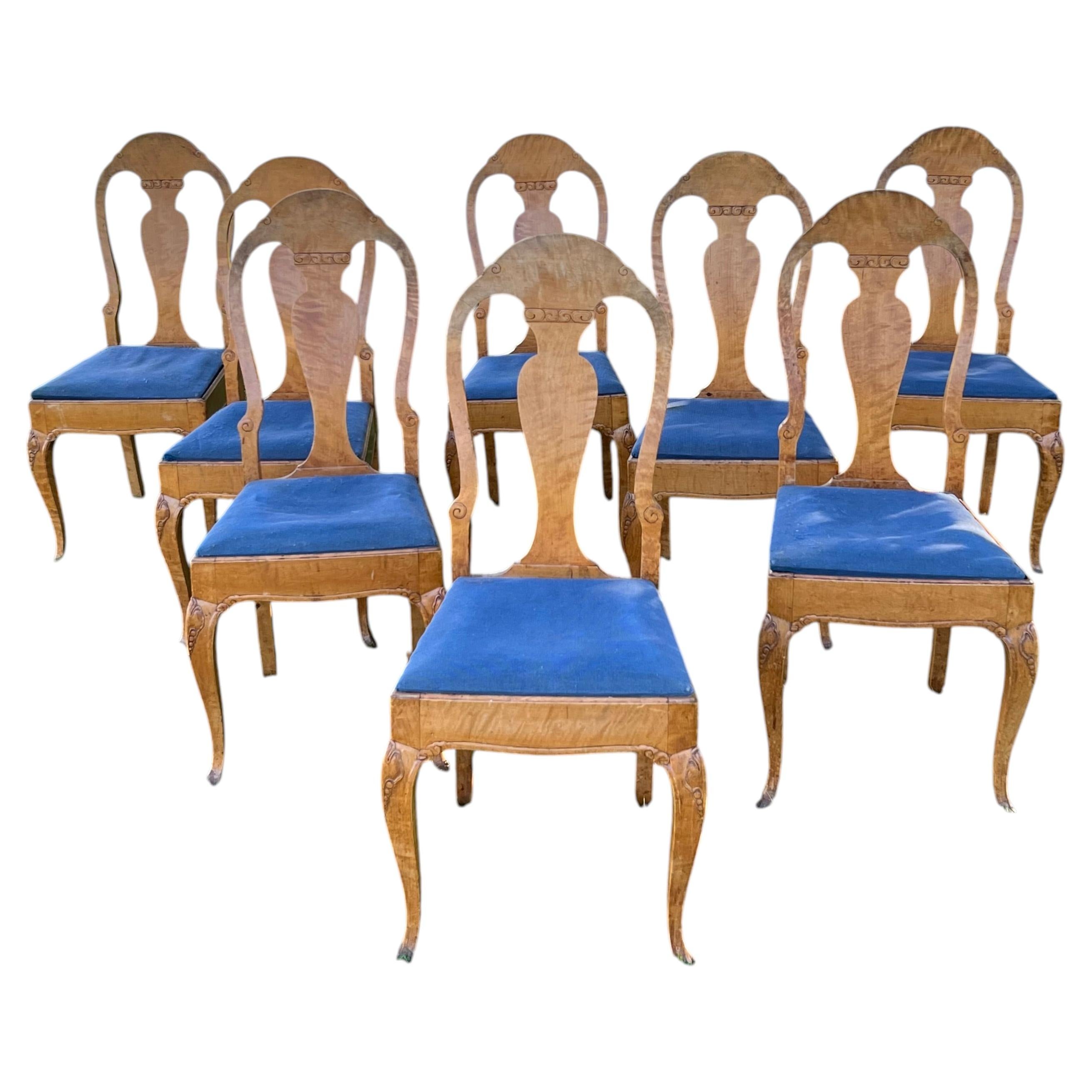 Set of 8 Rococo Style Dining Chairs, Birch Wood, 19th Century