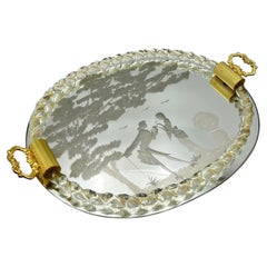 Murano Venetian Twisted Glass Rope Mirror-Engraved Vanity Tray, Ercole Barovier
