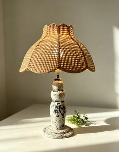 1979 Unique Scandinavian Studio Art Pottery & Rattan Table Lamp, Aase Lommerud