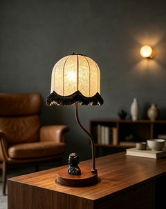 Lámpara de mesa escultural de diseño escandinavo, de teca y latón, de alrededor de la década de 1950